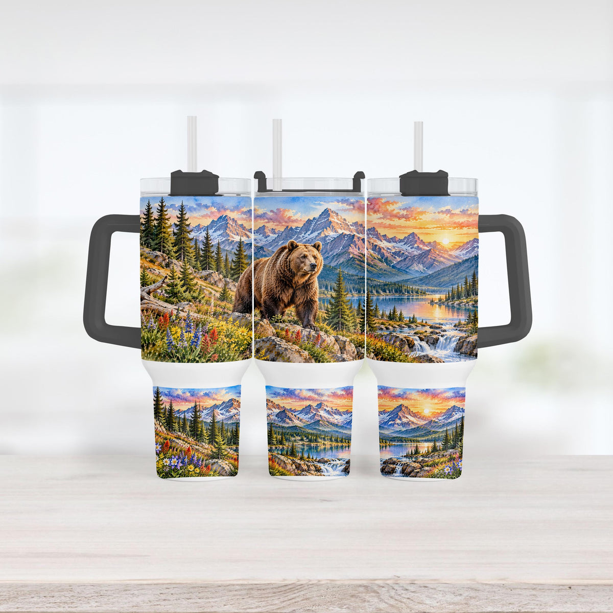 Grizzly Bear Tumbler, 40 Oz With Handle, Mountain Lake Wildlife