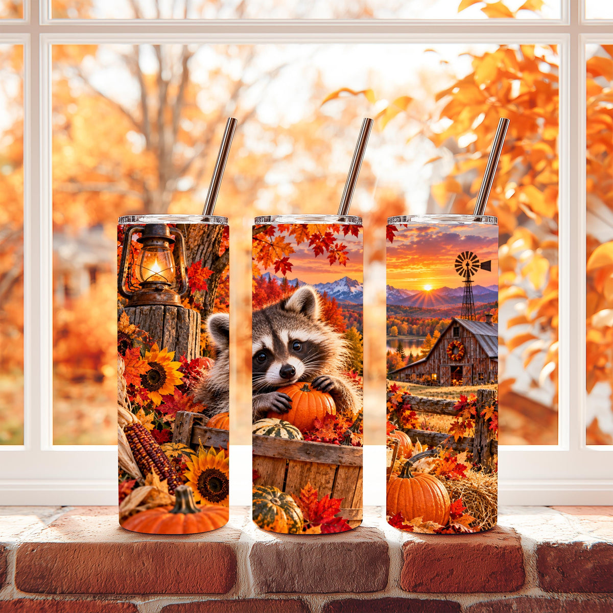 Autumn Tumbler, Raccoon Fall Cup, 20 Oz Skinny, Pumpkin Harvest Art