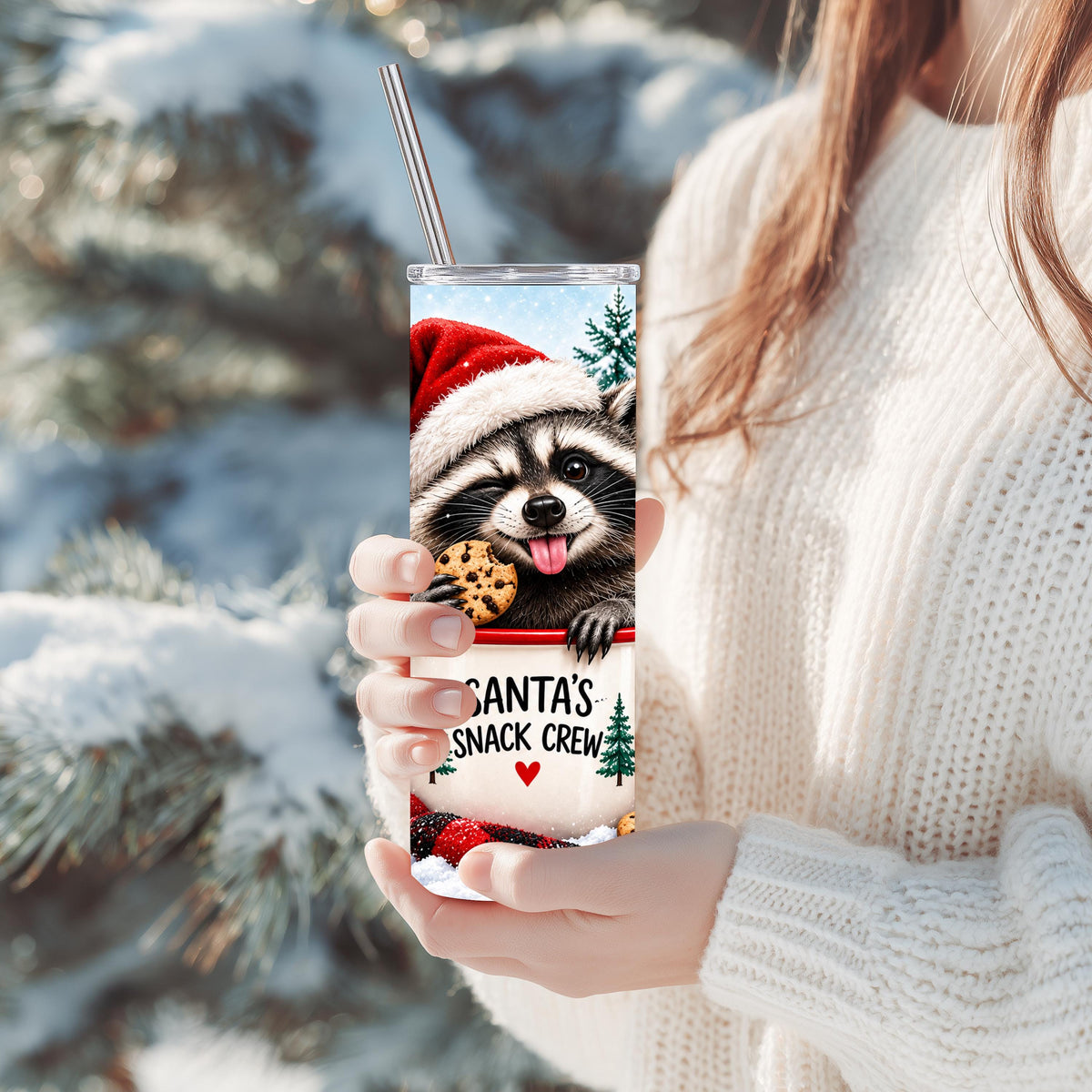 Raccoon Tumbler, 20 Oz Skinny, Buffalo Plaid Santa Hat Gift Cup