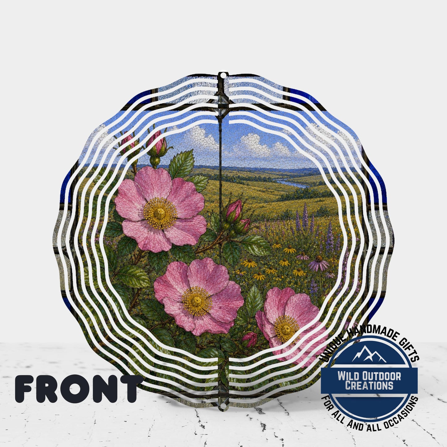 Wild Prairie Rose Wind Spinner Iowa State Flower Stained Glass Garden Aluminum Decor