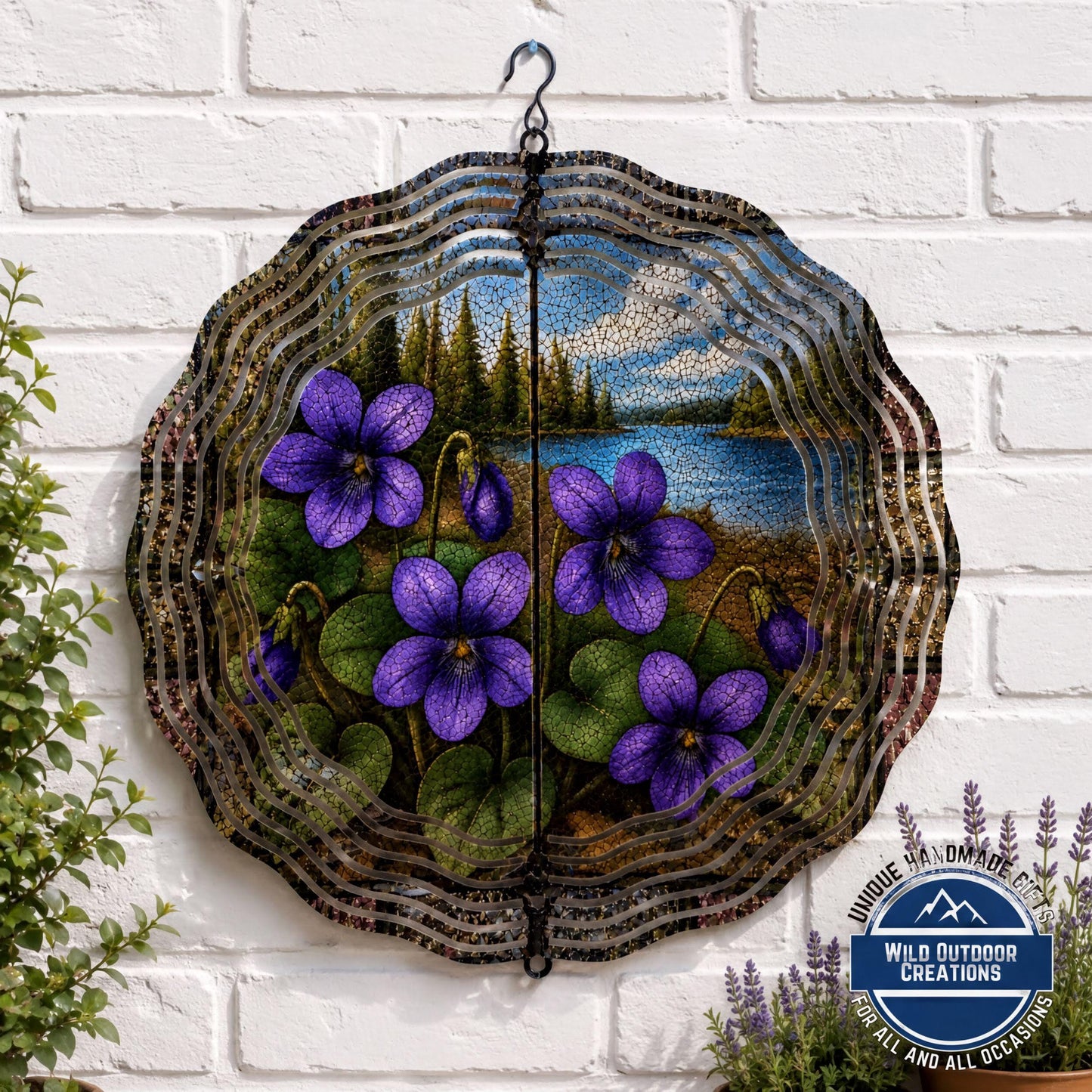 Wisconsin State Flower Wood Violet Wind Spinner Stained Glass Look Garden Decor 10 Inch