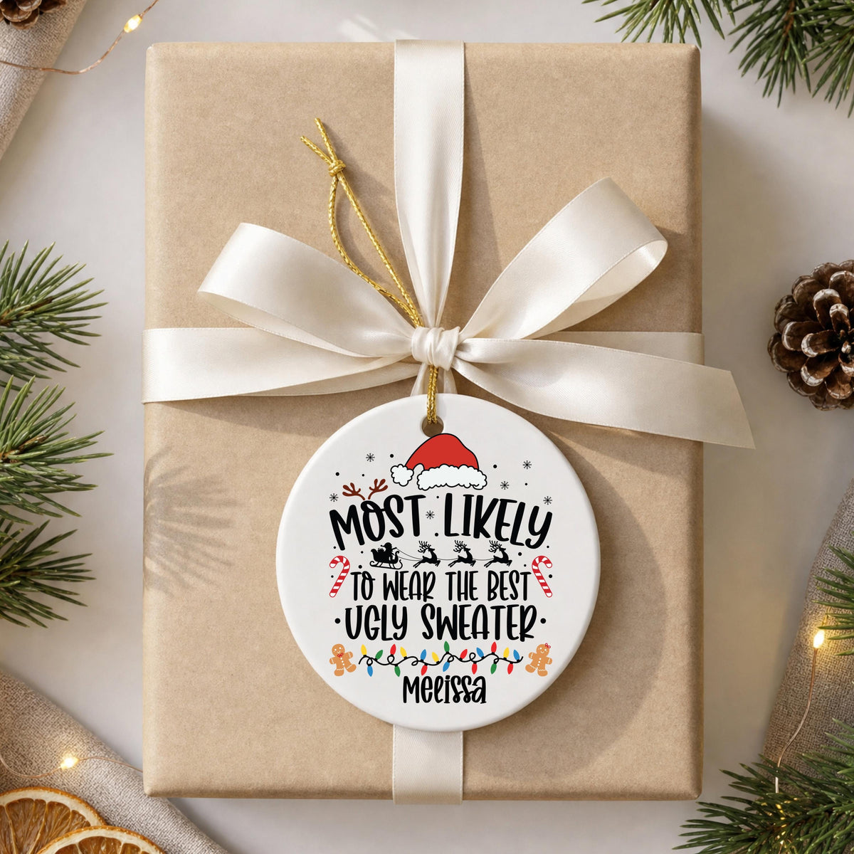 Personalized Christmas Ornament Ugly Sweater Ceramic, Custom Name