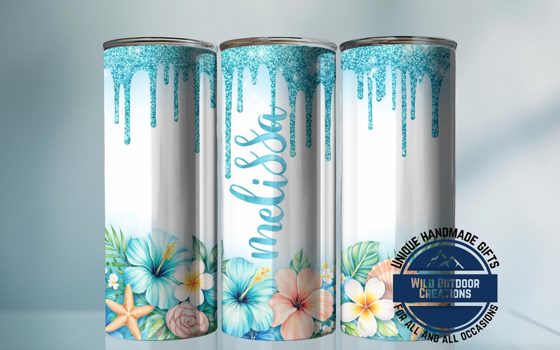 Personalized Tropical Tumbler - Double Wall Tumbler With Floral Beach Design & Glow Green - gift presentation view