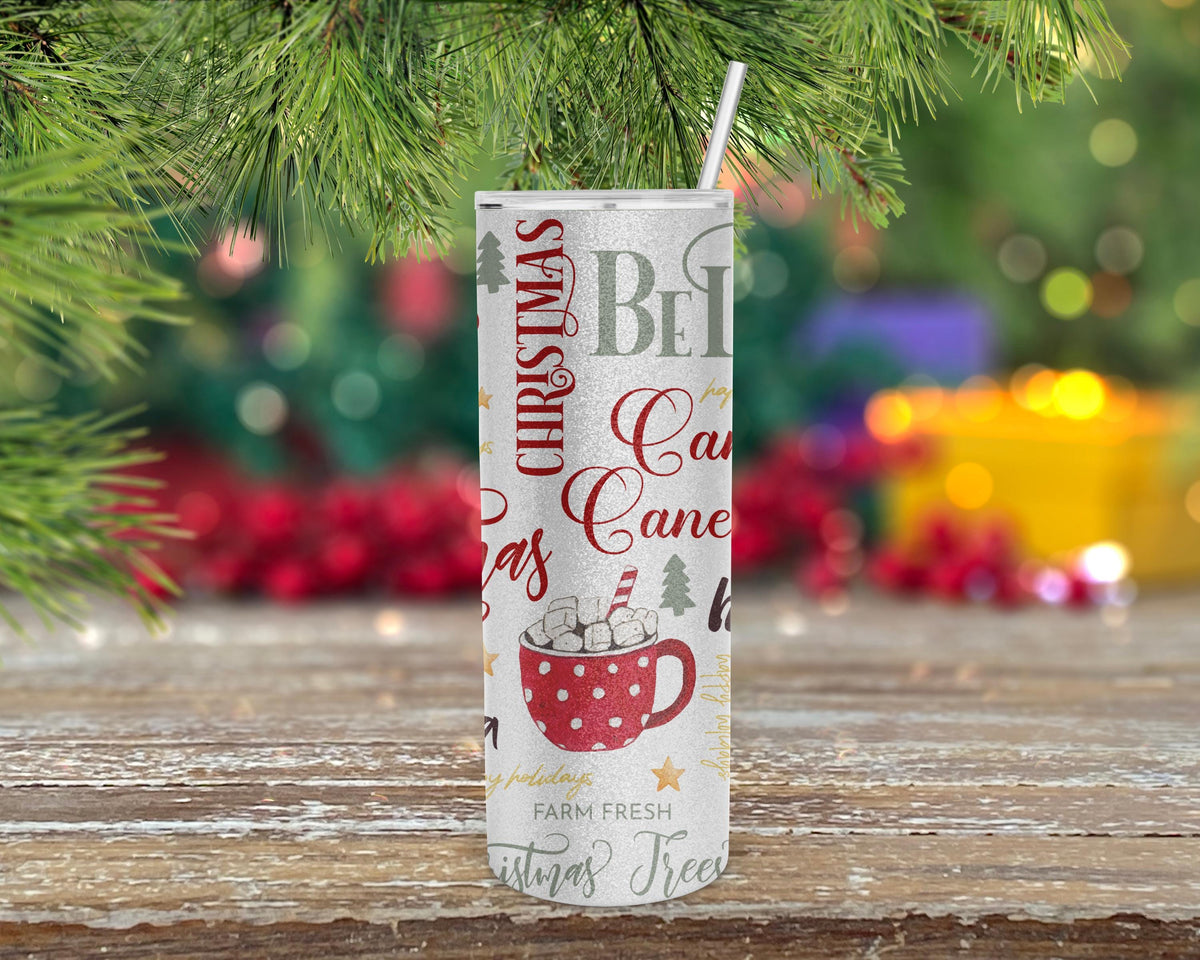 Christmas Tumbler Silver Glitter, Skinny 20 Oz, Santa Snowman Cocoa