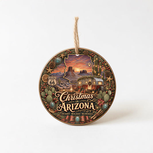 Arizona Christmas Ornament | Ceramic Keepsake | Desert Sunset Camper