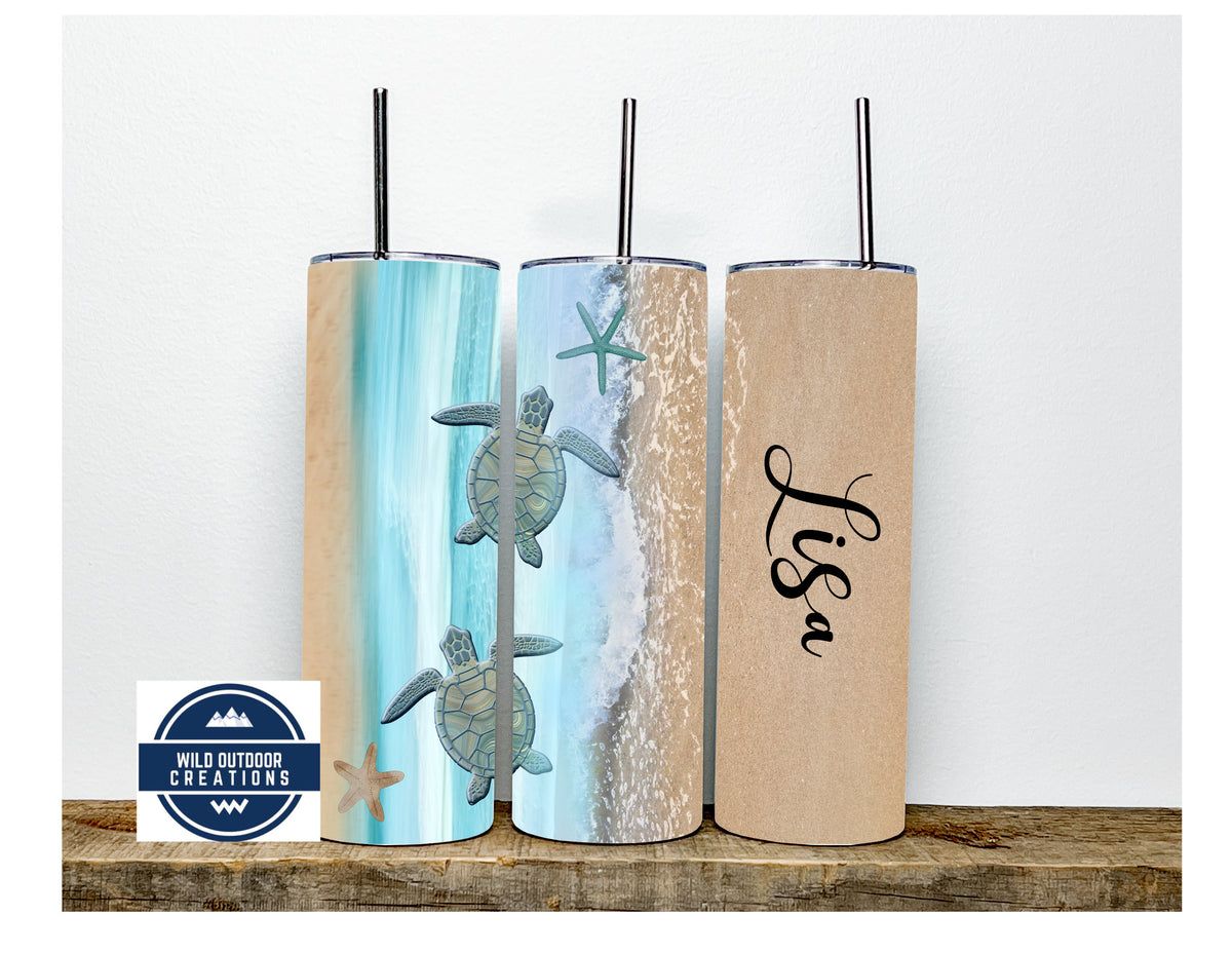 Personalized Stainless Steel Tumbler, Sea Turtle 20Oz Cup, Beach