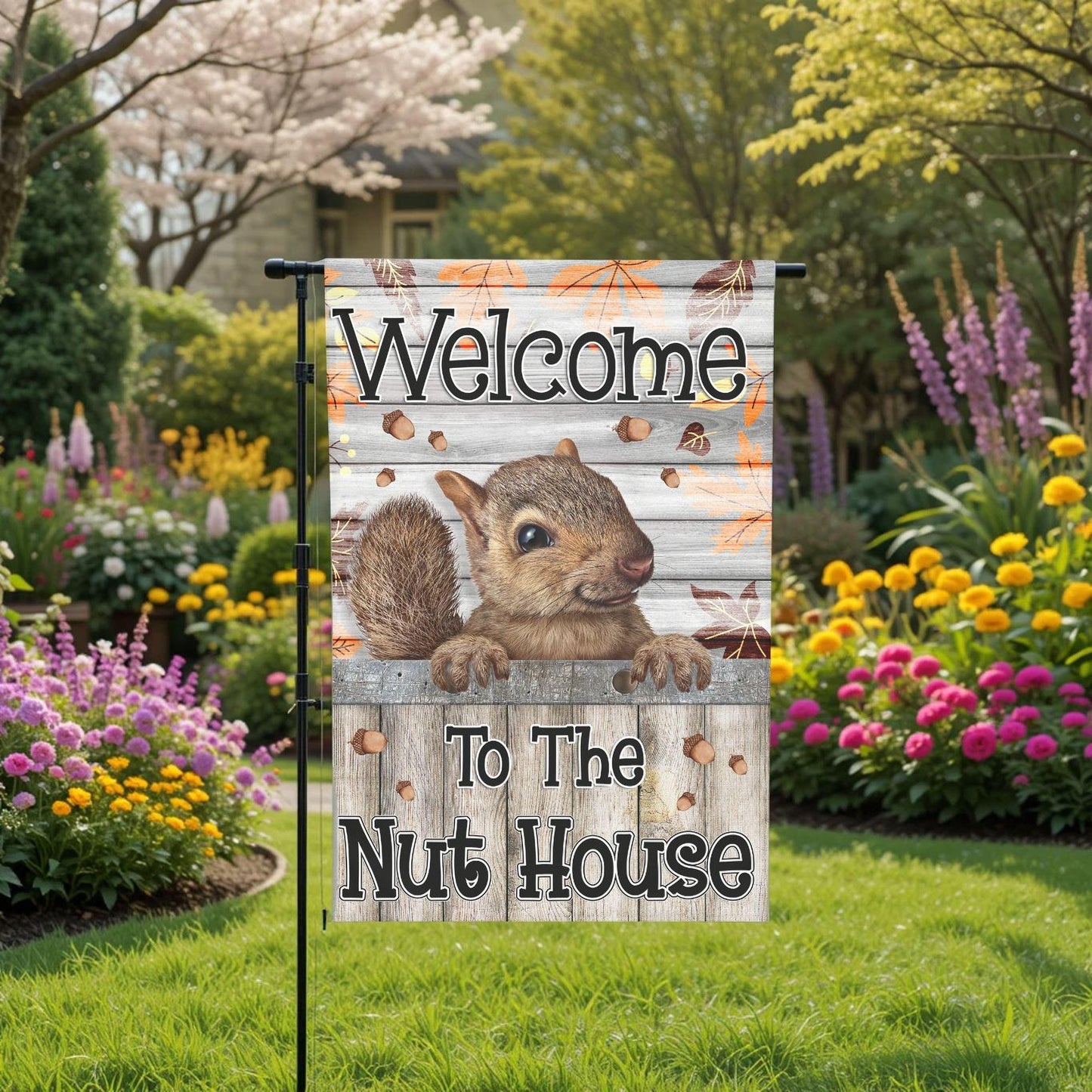 Fall Garden Flag – Welcome To The Nut House Squirrel Double-Sided Outdoor Decor - design detail