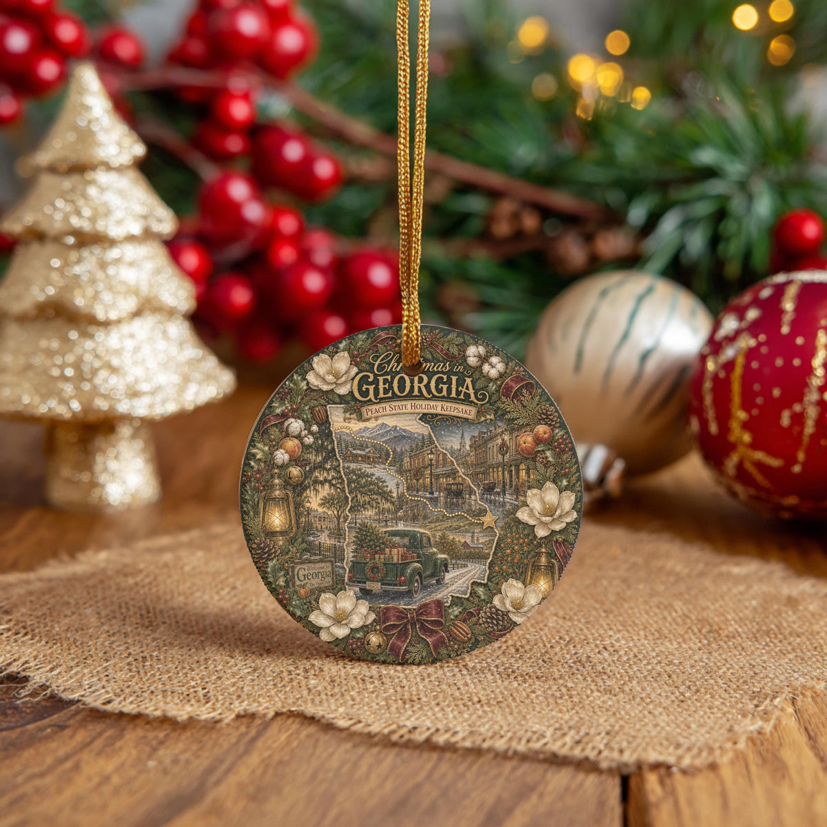 Georgia Christmas Ornament | 3 In Ceramic Keepsake, Vintage Truck