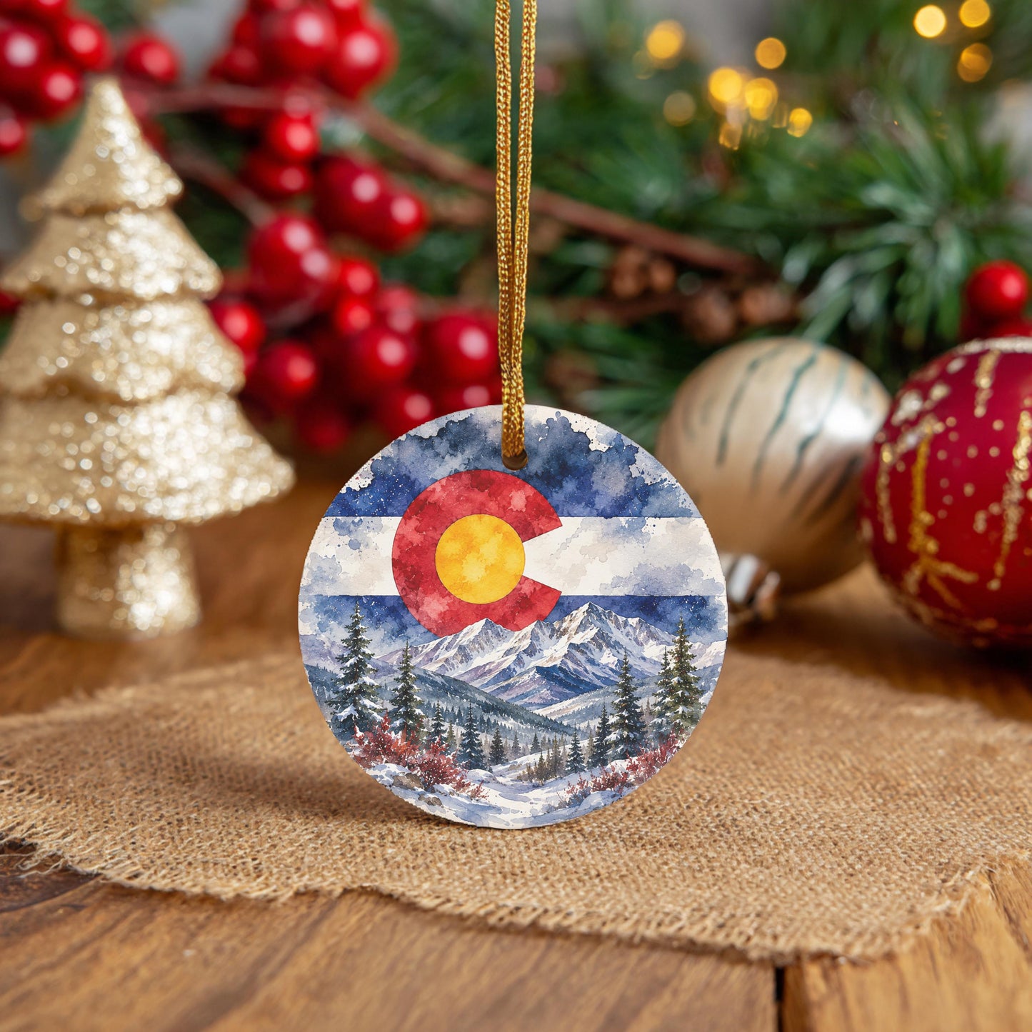 A round ornament featuring the Colorado state flag is displayed on a burlap cloth, surrounded by Christmas decorations such as a gold glitter tree, red berries, and ornaments.