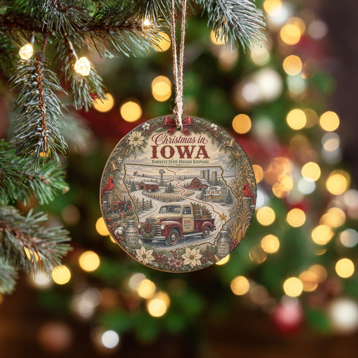 Iowa Christmas Ornament, Vintage Truck Cardinal Ceramic Keepsake