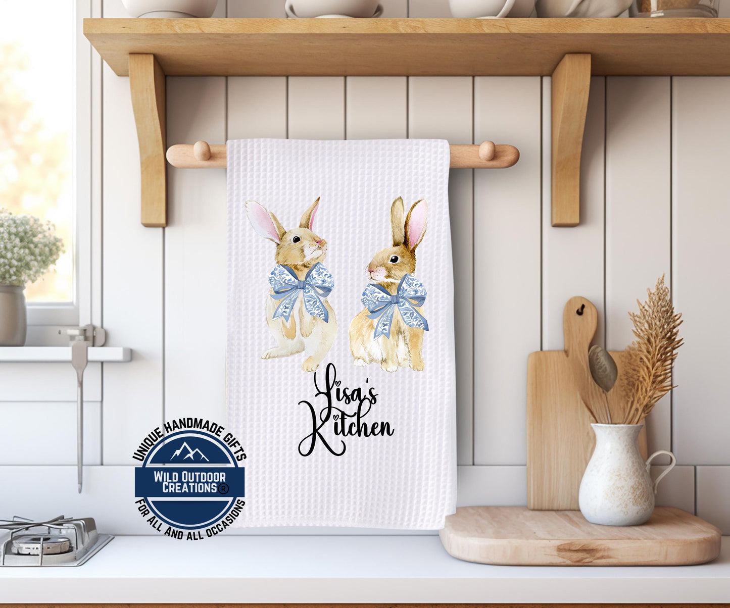 Personalized Easter Towel - Custom Kitchen Towel with Bunny Coquette Bow Design