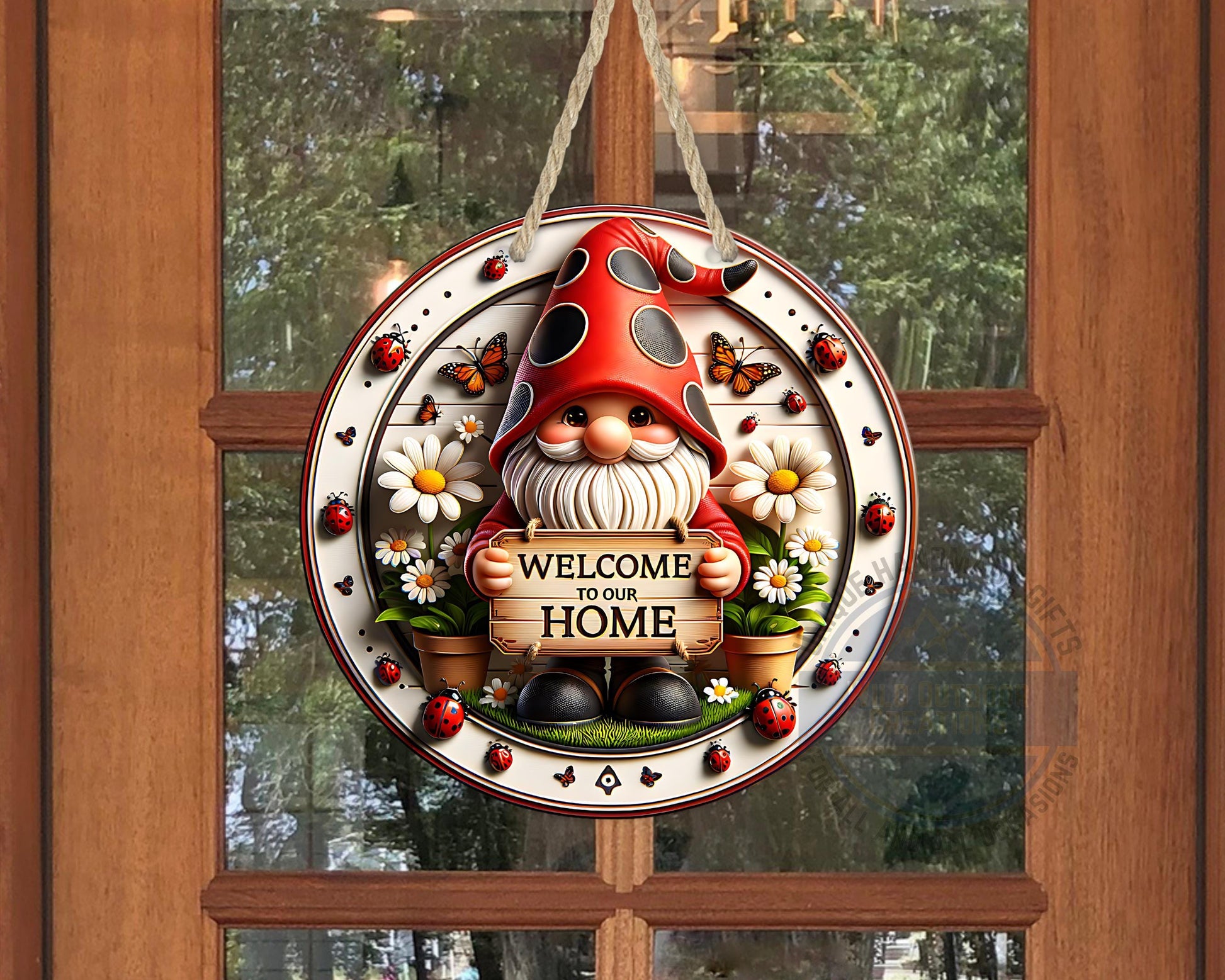 Welcome Gnome Door Hanger - Red Hat Gnome with Daisy & Ladybug Accents - scale and size reference