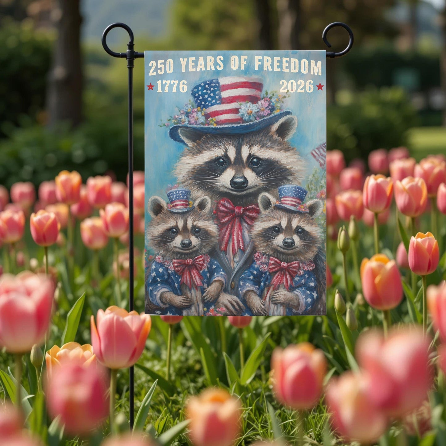 Patriotic Garden Flag - 250 Years Of Freedom Raccoon 12x18 Double Sided Sublimation