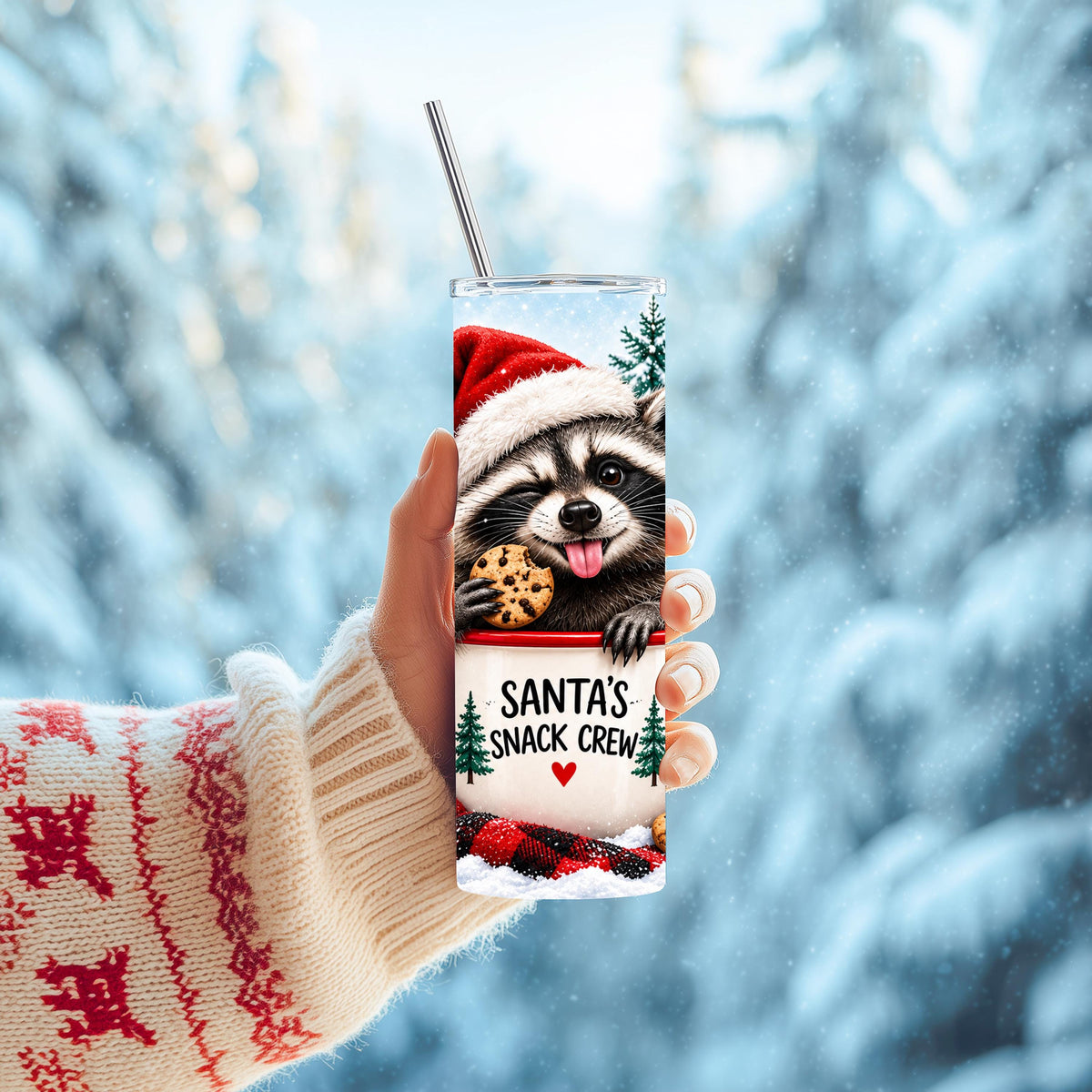 Raccoon Tumbler, 20 Oz Skinny, Buffalo Plaid Santa Hat Gift Cup