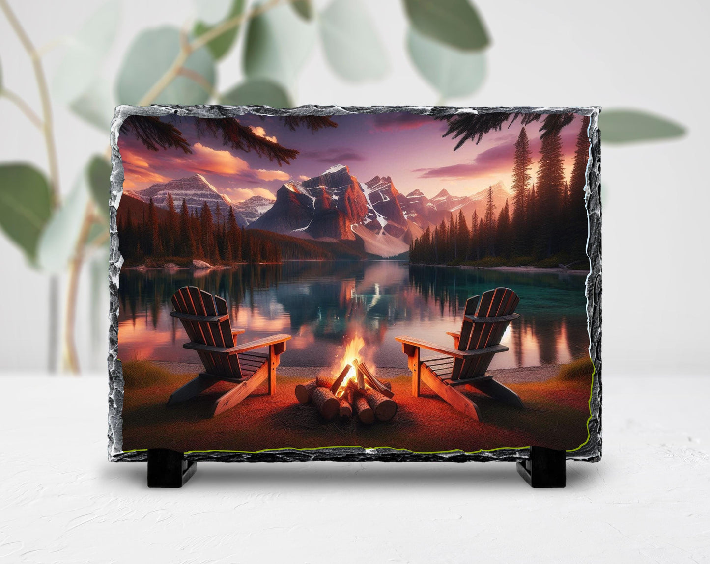 Campfire Slate Plaque – Rustic Stone Decor | Mountain Lake Art & Cozy Cabin Gift - additional angle
