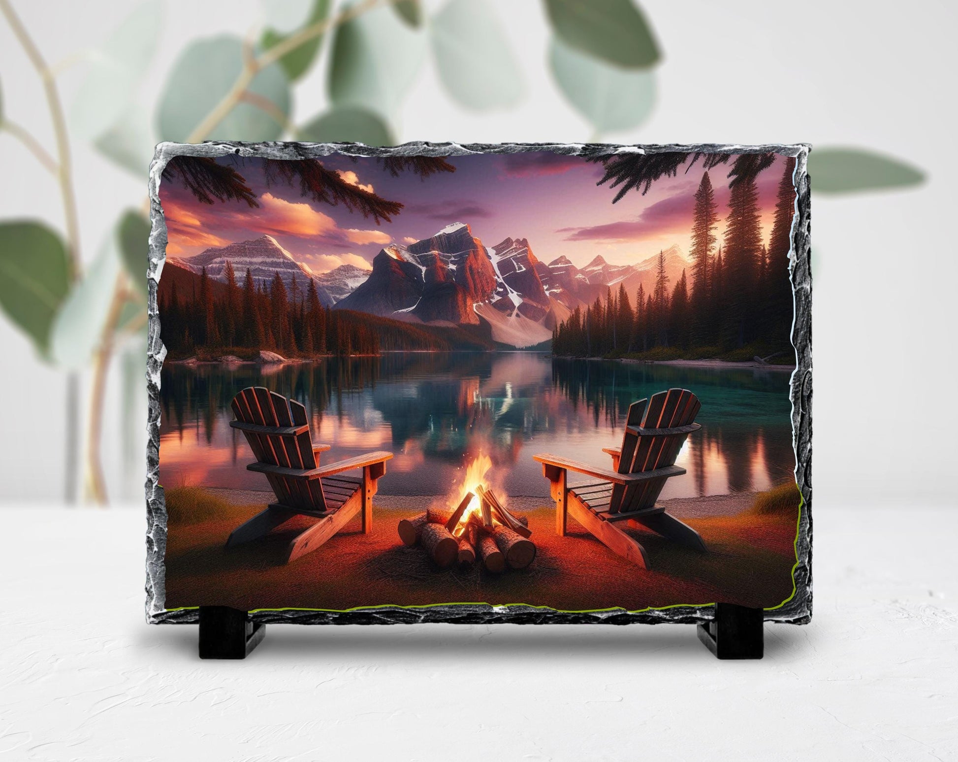 Campfire Slate Plaque – Rustic Stone Decor | Mountain Lake Art & Cozy Cabin Gift - additional angle