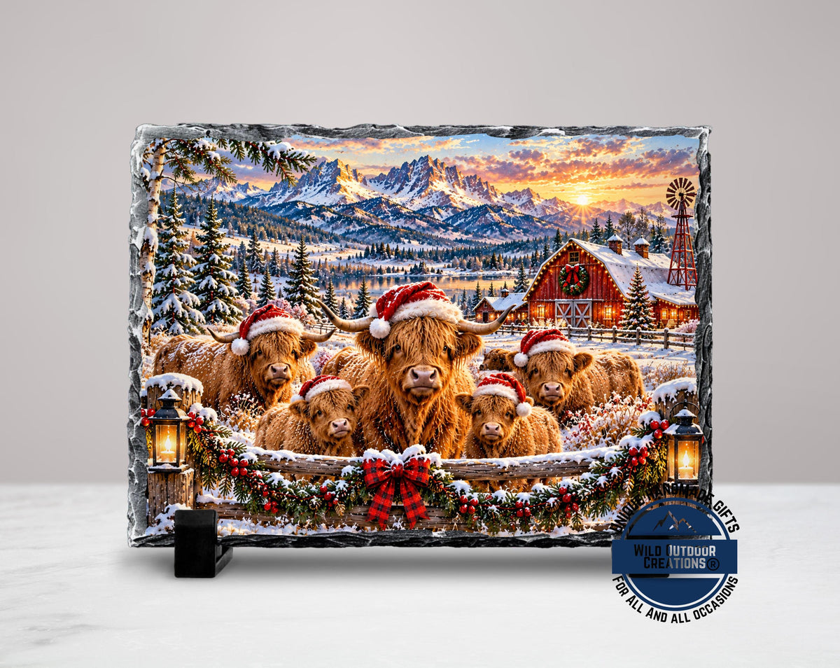 Highland Cow Decor, Christmas Slate Plaque, Santa Hat Cow Family
