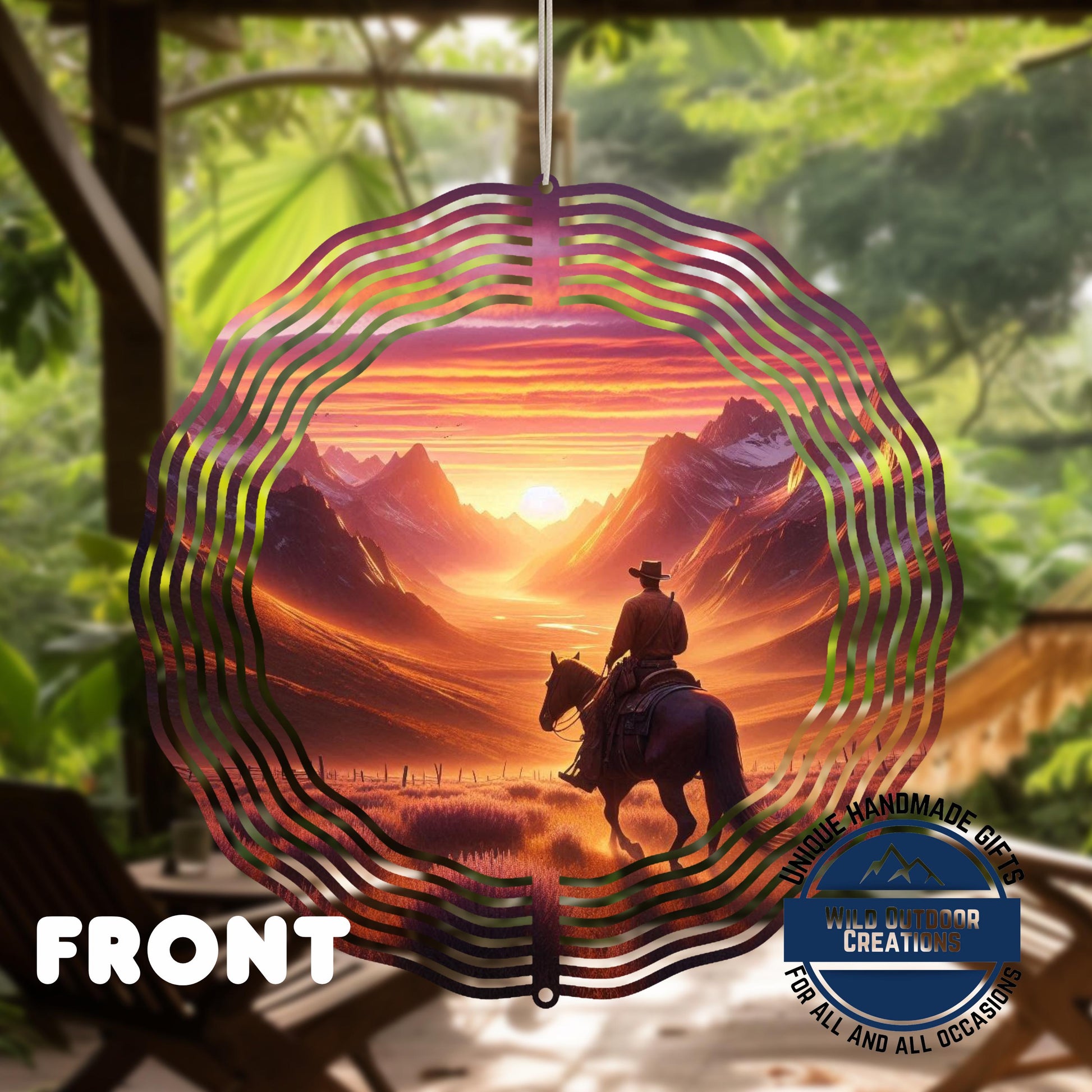 Cowboy Wind Spinner – Horse Sunset Scene | Outdoor Ranch Decor, 10 Inch - back side design view