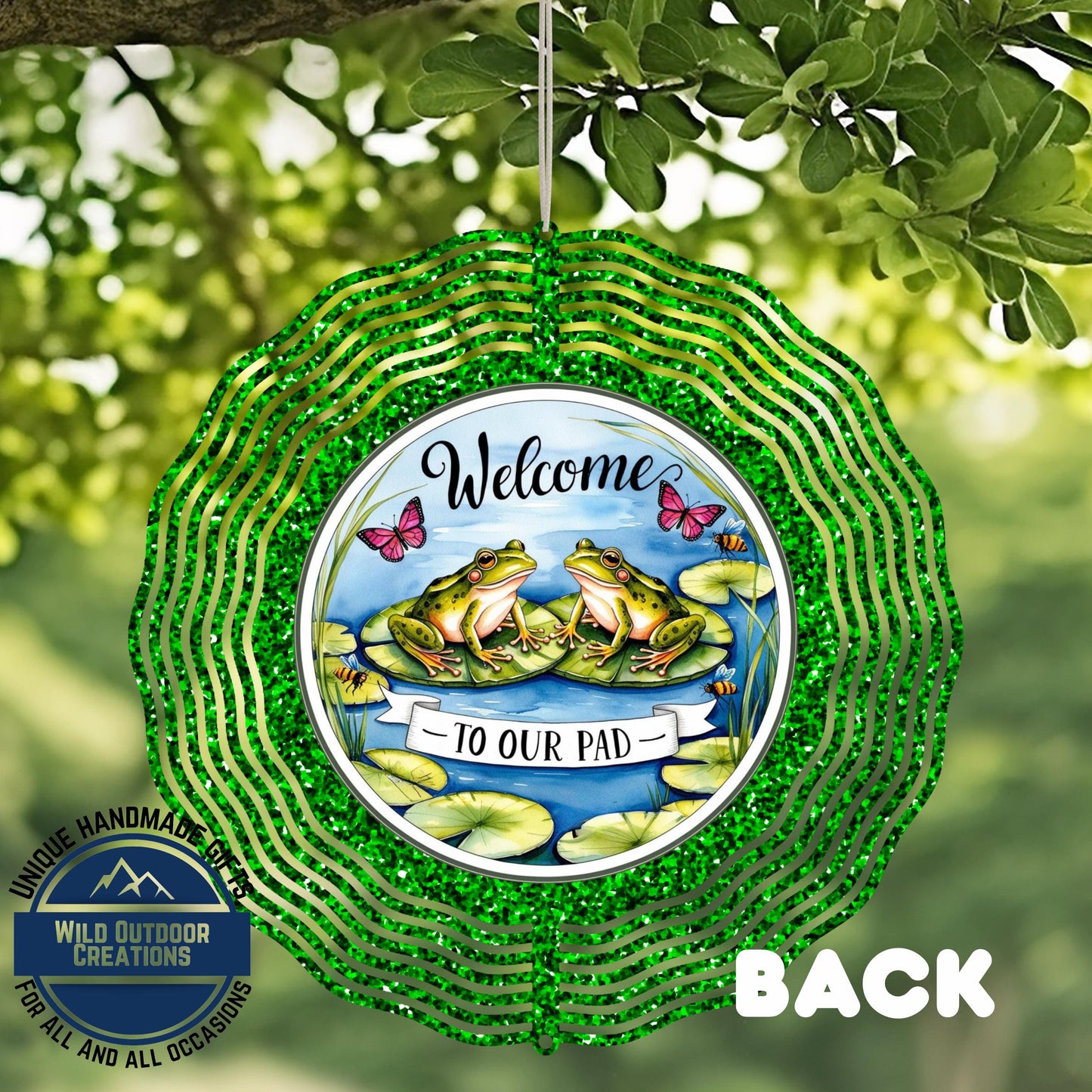 Frog Garden Spinner - Outdoor Garden Decor with Blue Green Glitter & UV Protection - close-up detail of design