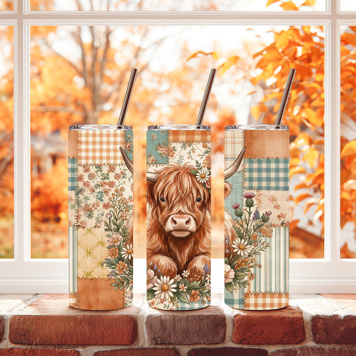 Highland Cow Tumbler | Floral Patchwork 20 Oz Skinny, Teal Peach Farmhouse