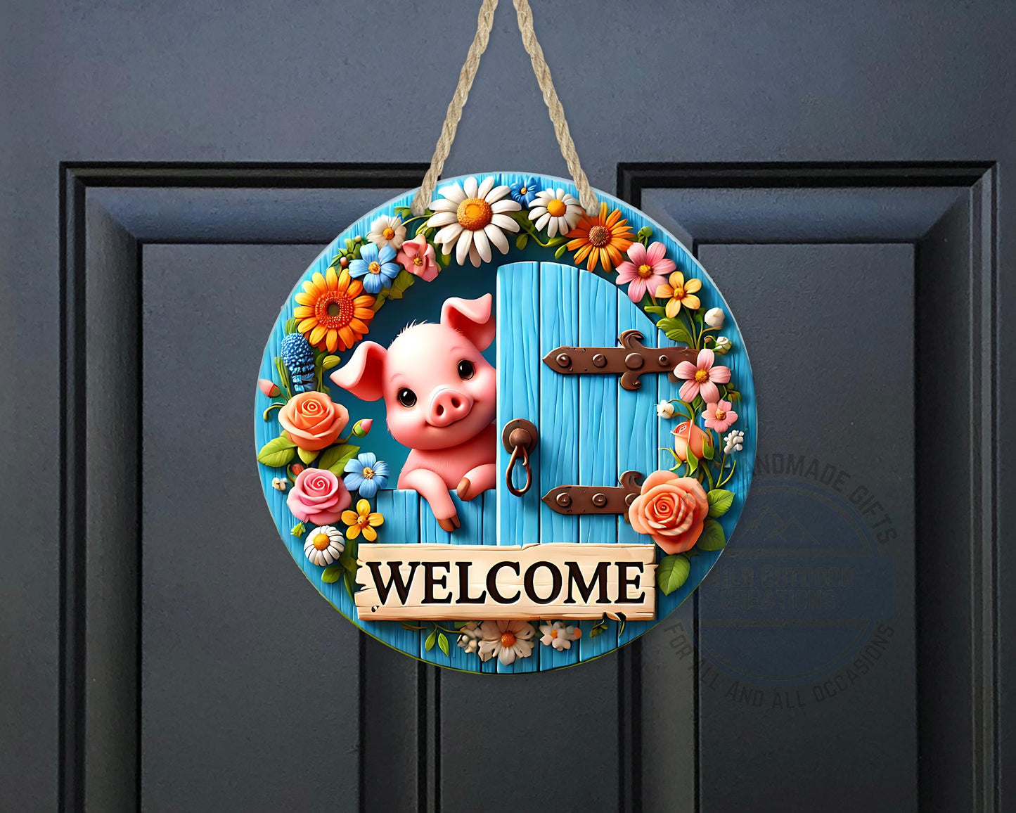 Pig Door Hanger – Farmhouse Welcome Sign | Floral Blue Wood Aluminum Decor - additional product photo 10