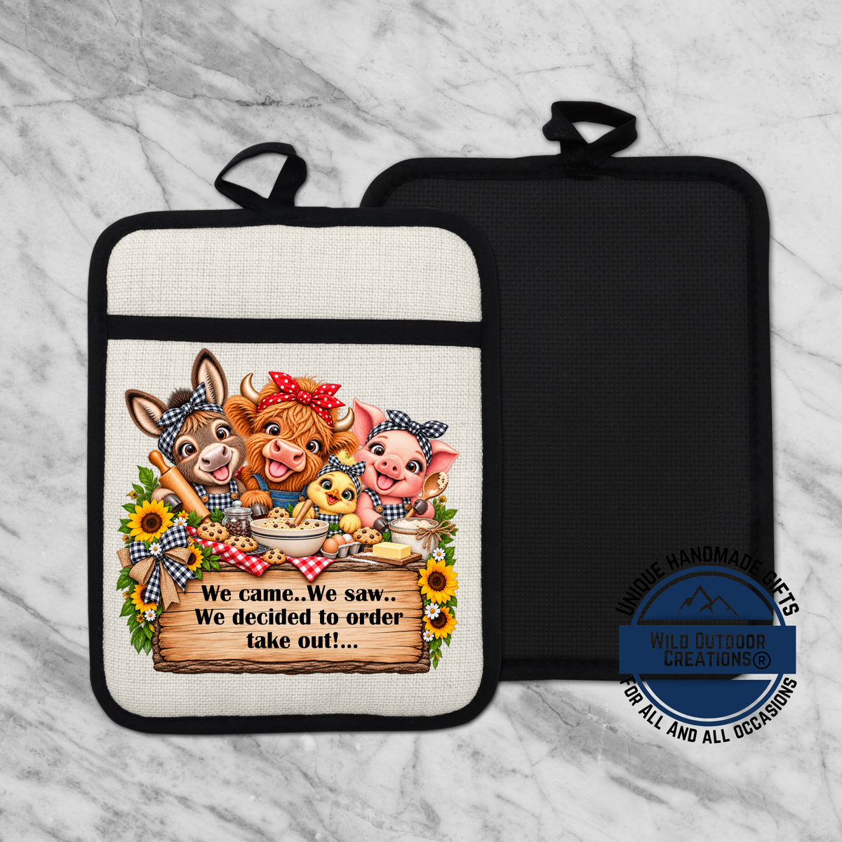 A kitchen pot holder with a cartoon illustration of farm animals, including a cow, pig, and chicken, along with a sign that says "We came. We saw. We decided to order take out..."