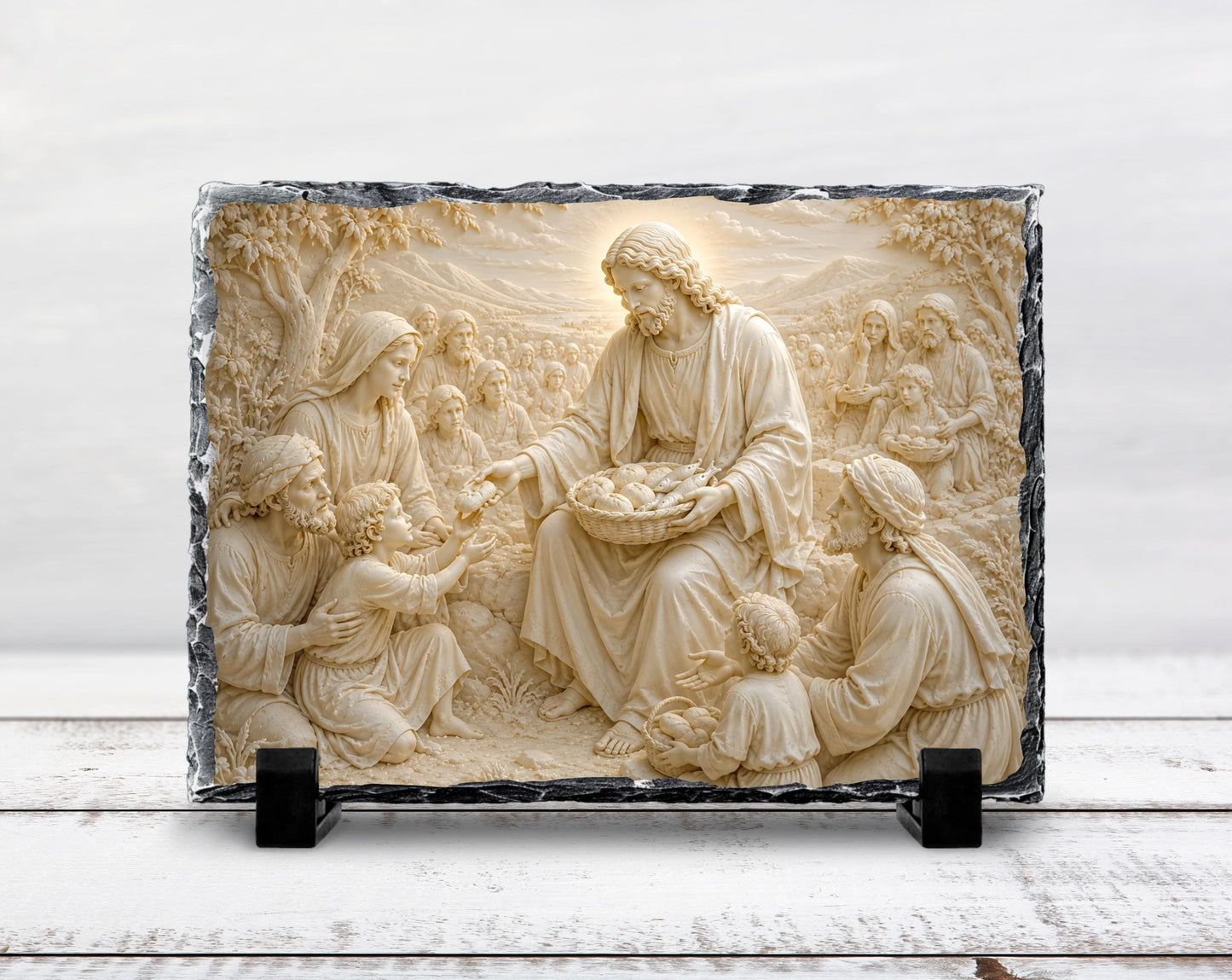 Jesus Feeding the 5000 Slate Plaque, Loaves Fishes Miracle Religious Decor, Christian Gift