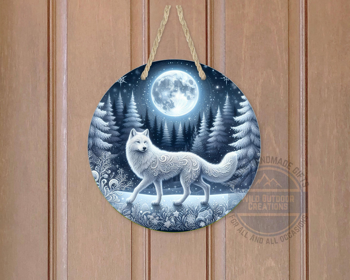 Wolf Door Sign - Rustic Outdoor Decor Full Moon Night with White Wolf Art - packaging and presentation