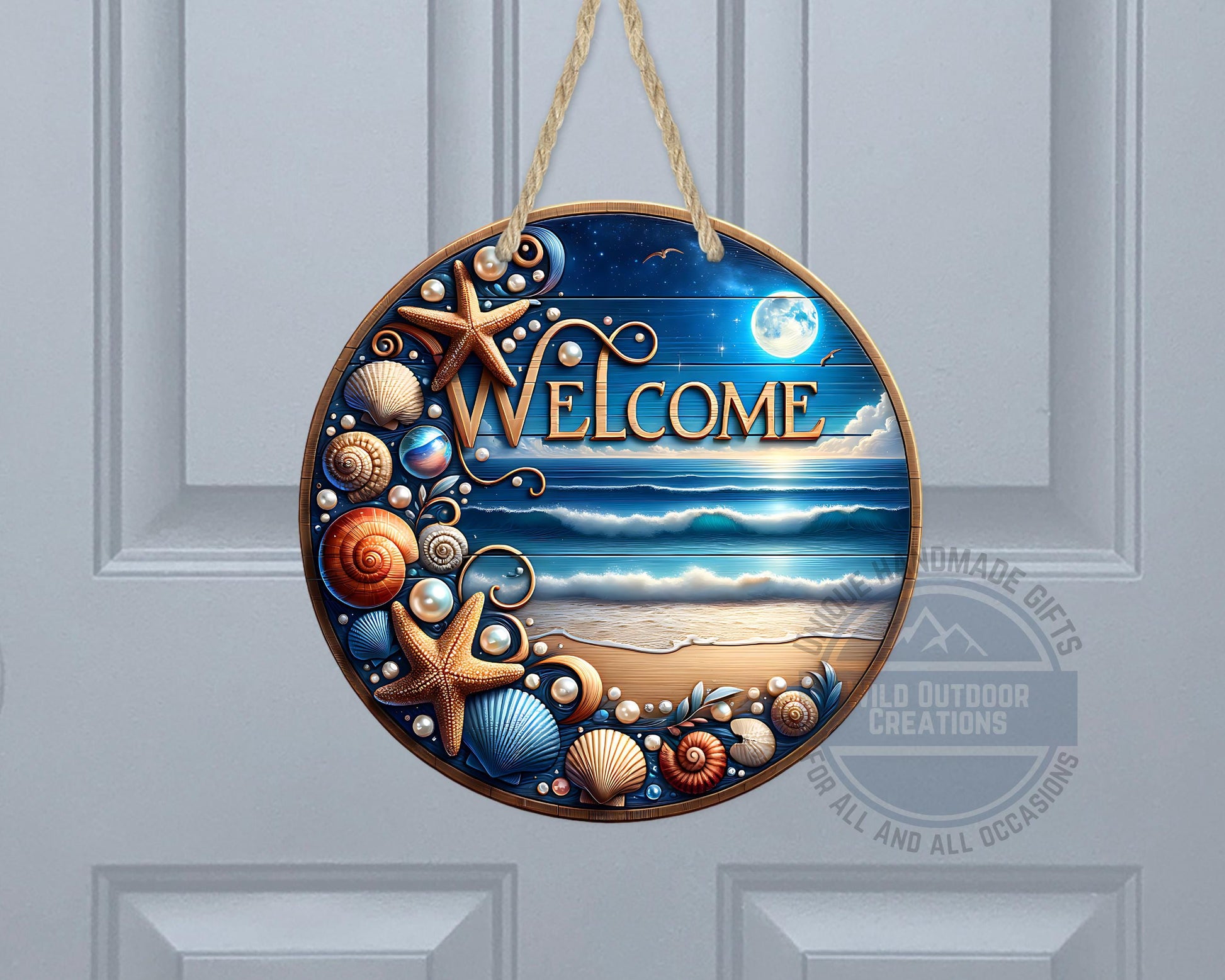 Coastal Door Sign – Nighttime Ocean View | Weather-Resistant Aluminum Outdoor Welcome - gift presentation view