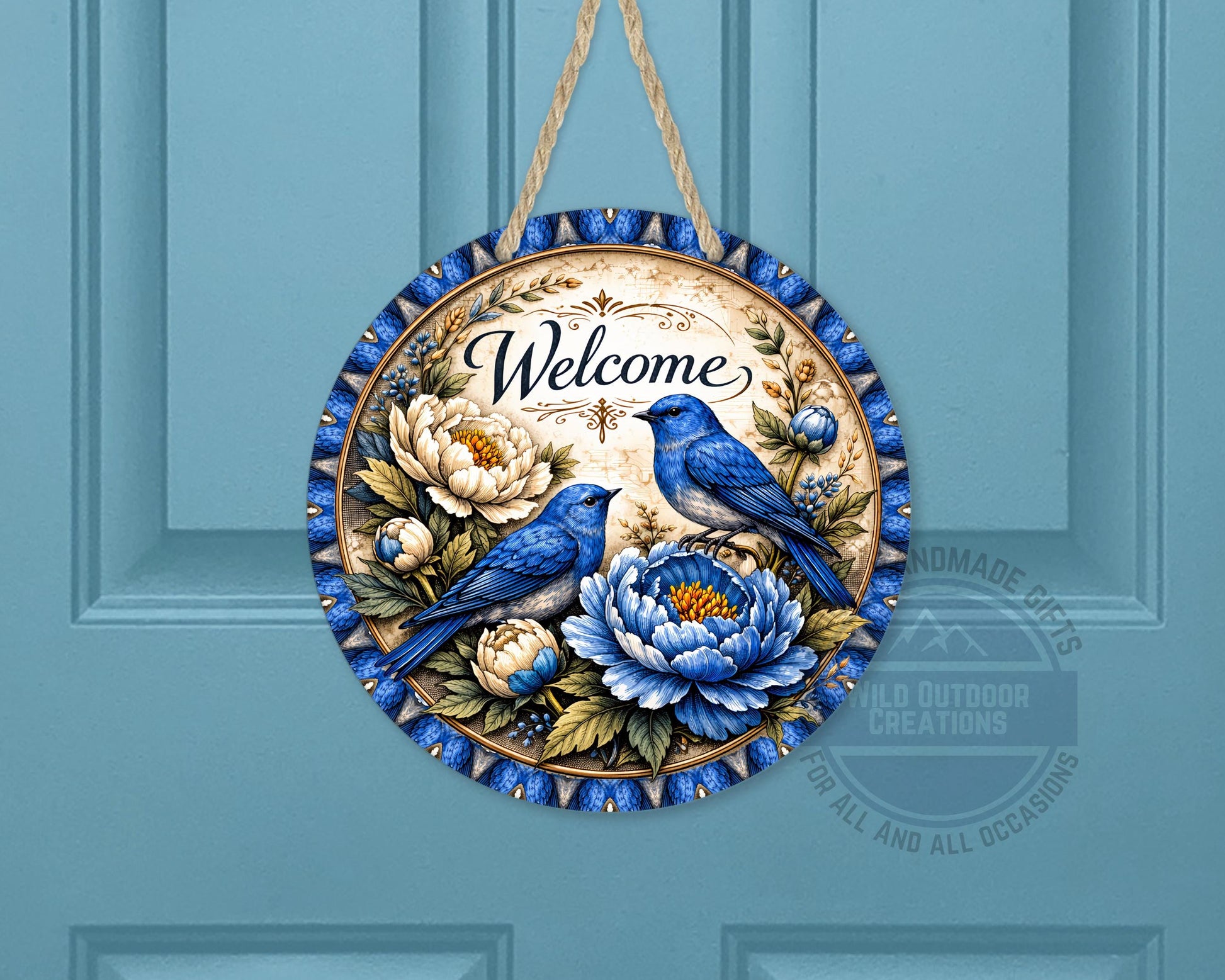 Bluebird Welcome Sign - Round Door Hanger With Floral Porch Decor, UV Coated - product dimensions and specifications