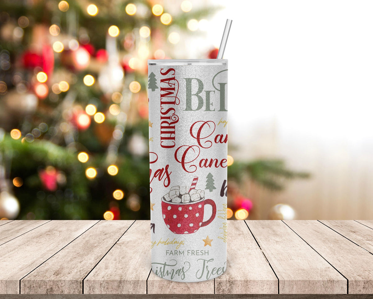 Christmas Tumbler Silver Glitter, Skinny 20 Oz, Santa Snowman Cocoa