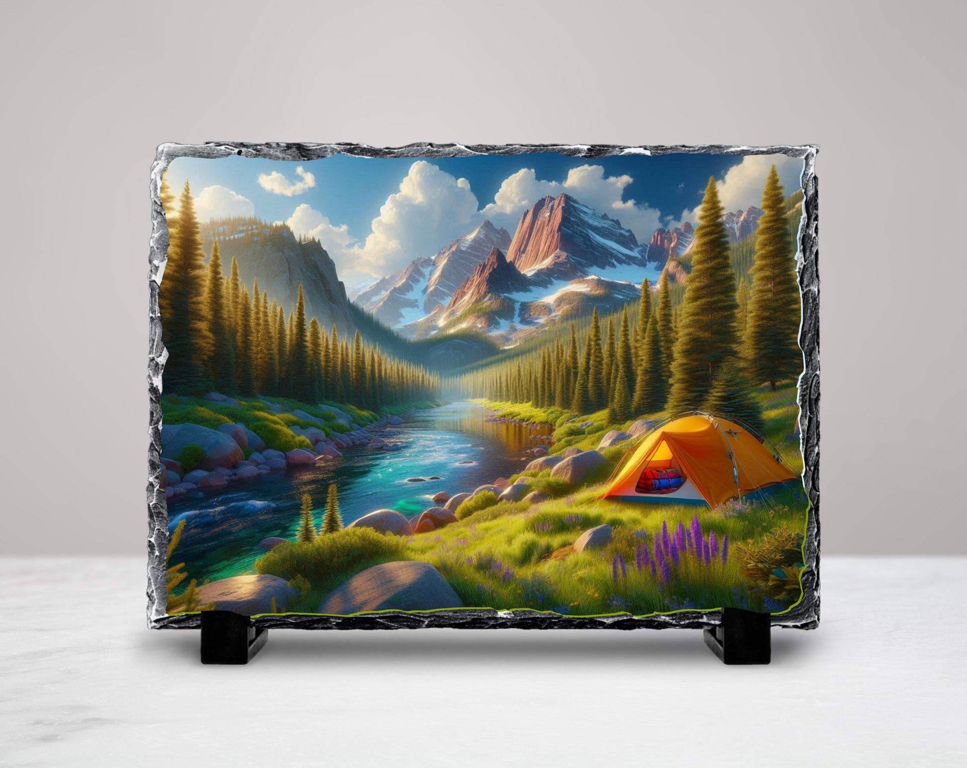 Mountain Camping Plaque - Rustic Slate Art With River And Tent Artwork - detail view