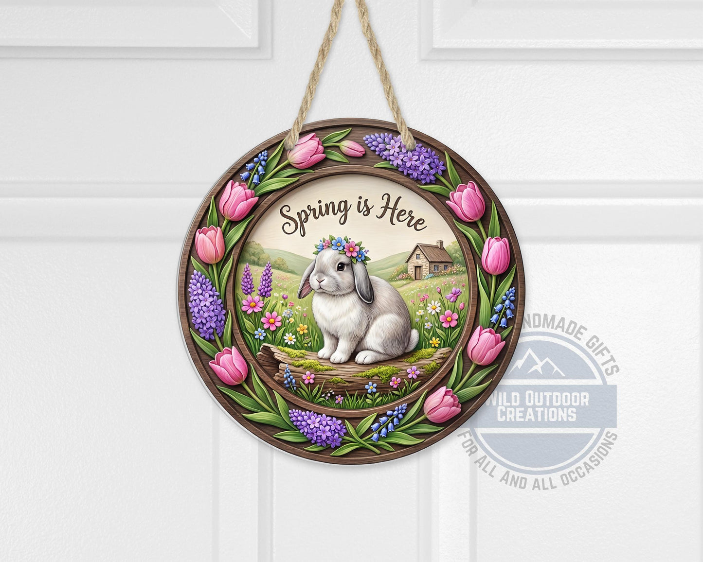 Spring Door Hanger – Round Aluminum Bunny Spring Sign with Tulip Decor - alternate view