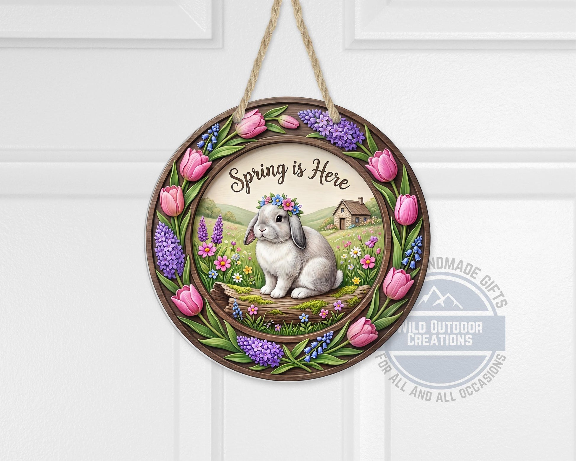 Spring Door Hanger – Round Aluminum Bunny Spring Sign with Tulip Decor - alternate view