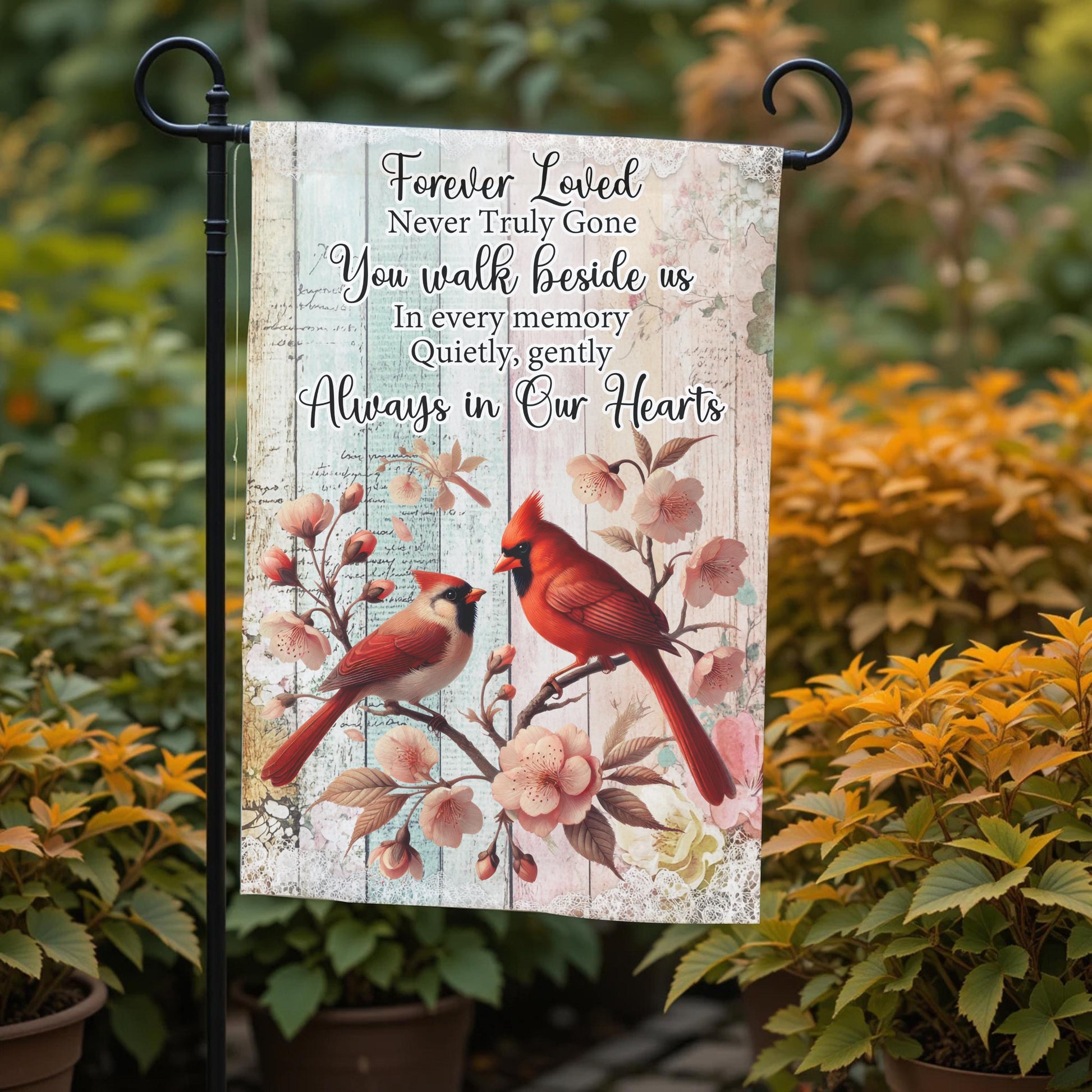 Memorial Garden Flag - Forever Loved Cardinal Tribute, Double Sided, Weather Resistant 12x18 - additional angle