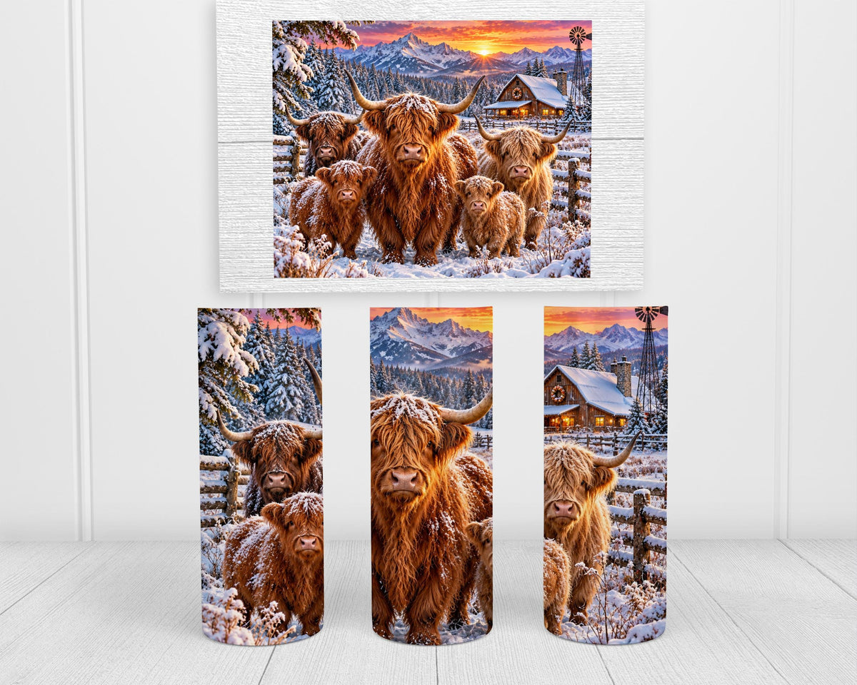 Highland Cow Cup, 20 Oz Skinny Tumbler, Snowy Mountain Cabin Gift