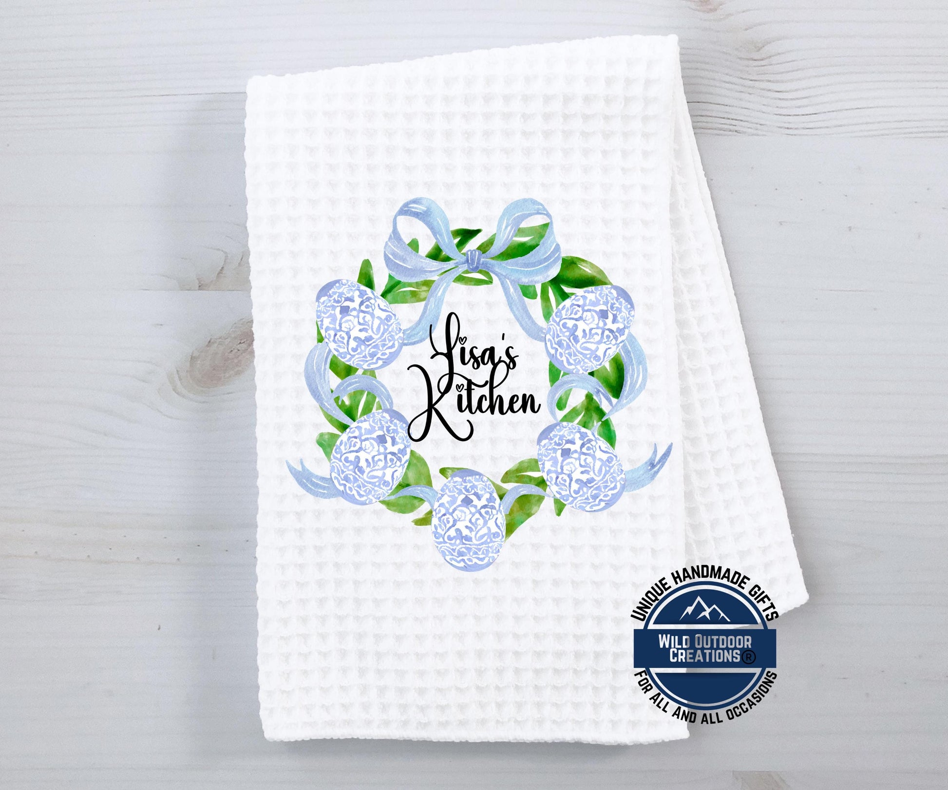 Personalized Easter Towel – Custom Name Kitchen Towel With Blue Chinoiserie Wreath - gift presentation view