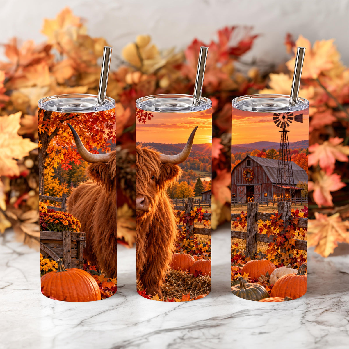 20 Oz Skinny Tumbler, Highland Cow Fall Pumpkin Patch, Red Barn