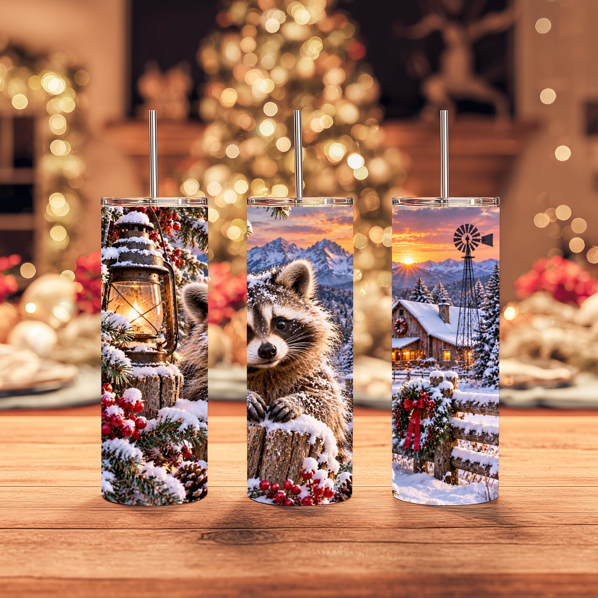 Raccoon Tumbler, 20 Oz Skinny, Snowy Cabin Lantern Holiday Gift