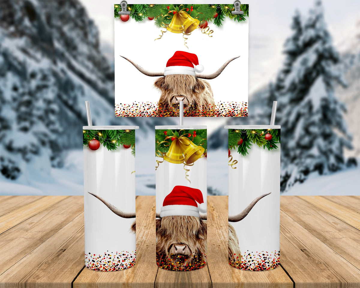 Christmas Cow Travel Mug, Highland Cow, 20Oz Stainless Straw Lid