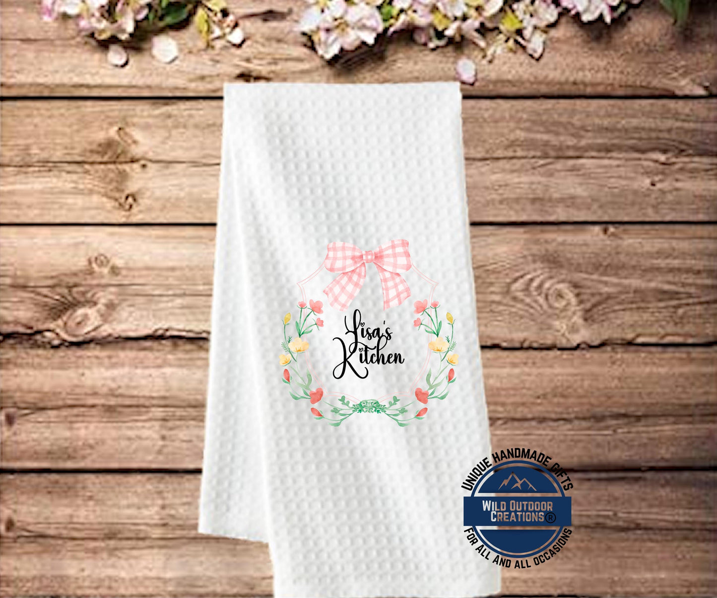 Personalized Kitchen Towel – Custom Floral Wreath Pink Gingham Bow Gift - additional product photo 13