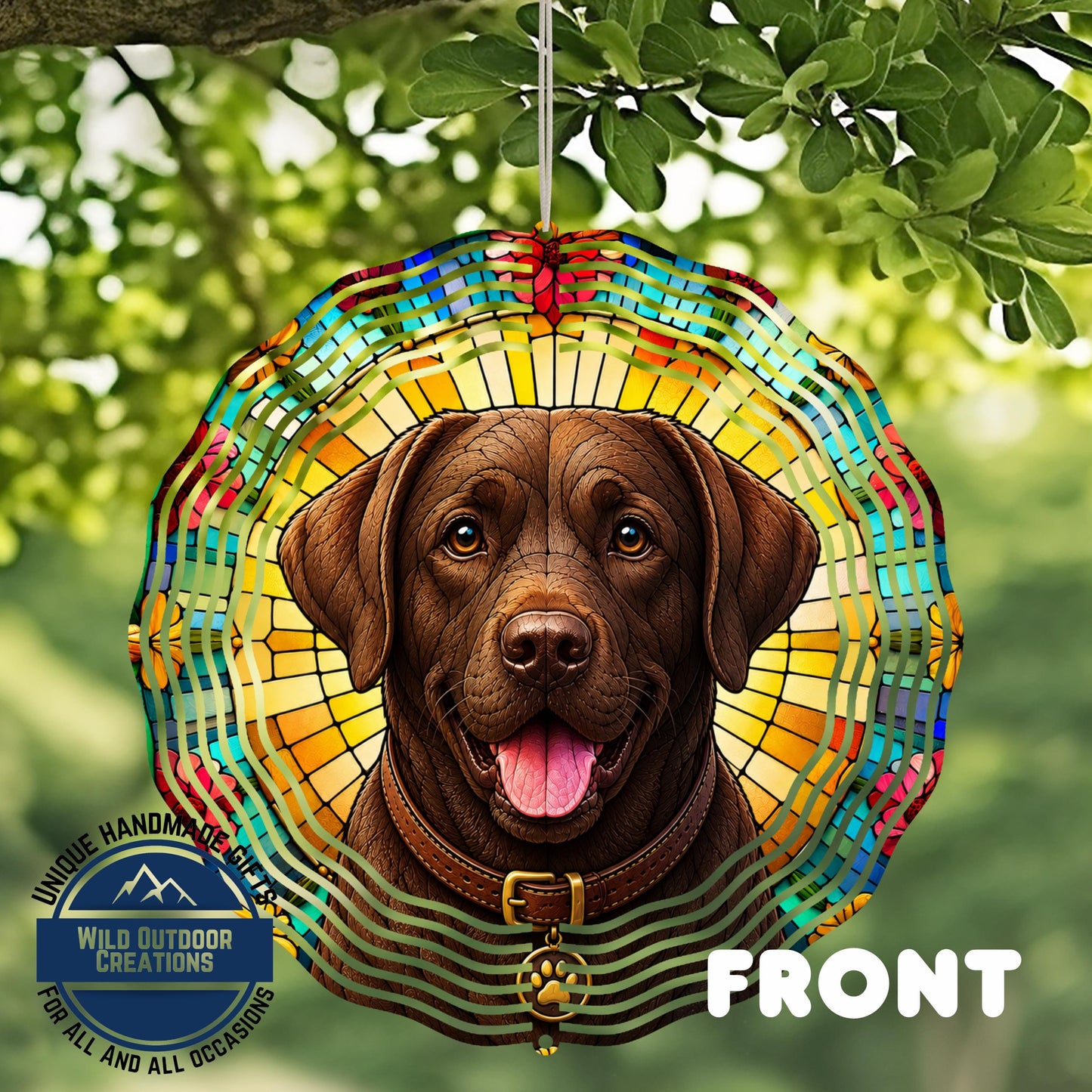 Chocolate Lab Wind Spinner - 10 Inch Faux Stained Glass Spiral Garden Decor