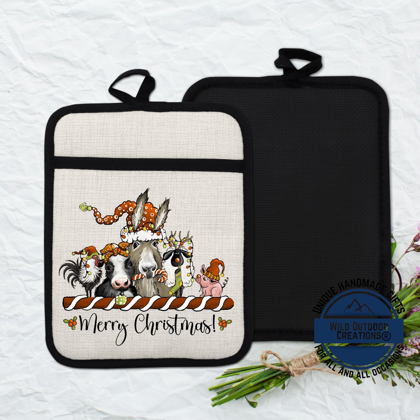 Christmas Farm Animal Pot Holder Linen Hot Pad Donkey Cow Pig Kitchen Gift