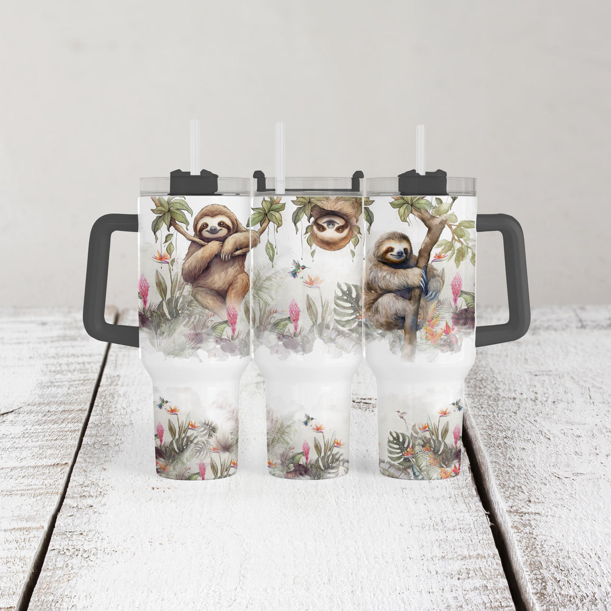Sloth 40 Oz Tumbler With Handle, Tropical Jungle Floral Cup, Gift