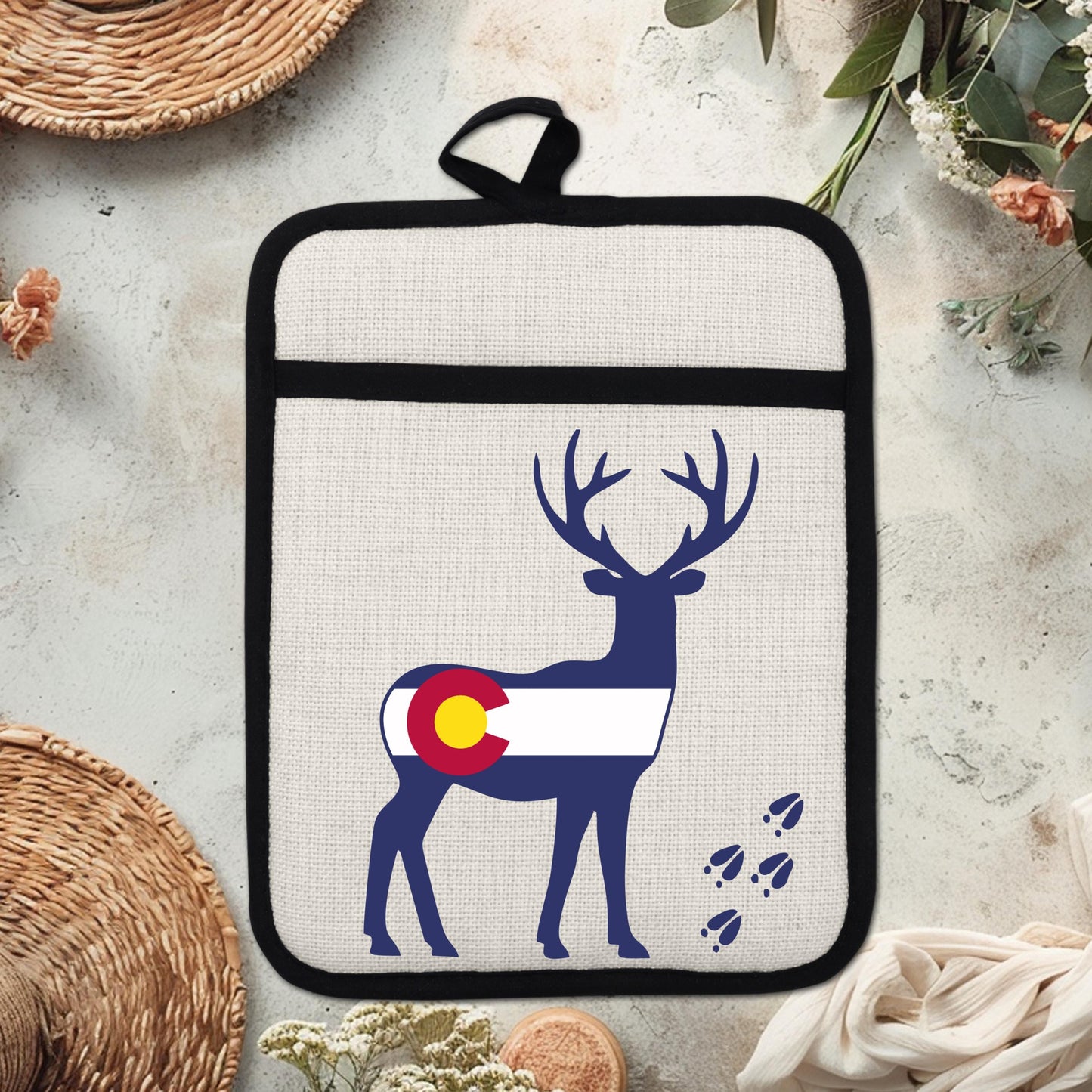 Colorado Deer Pot Holder - Linen Fabric, Silicone Back Trivet with Pocket Grip - packaging and presentation