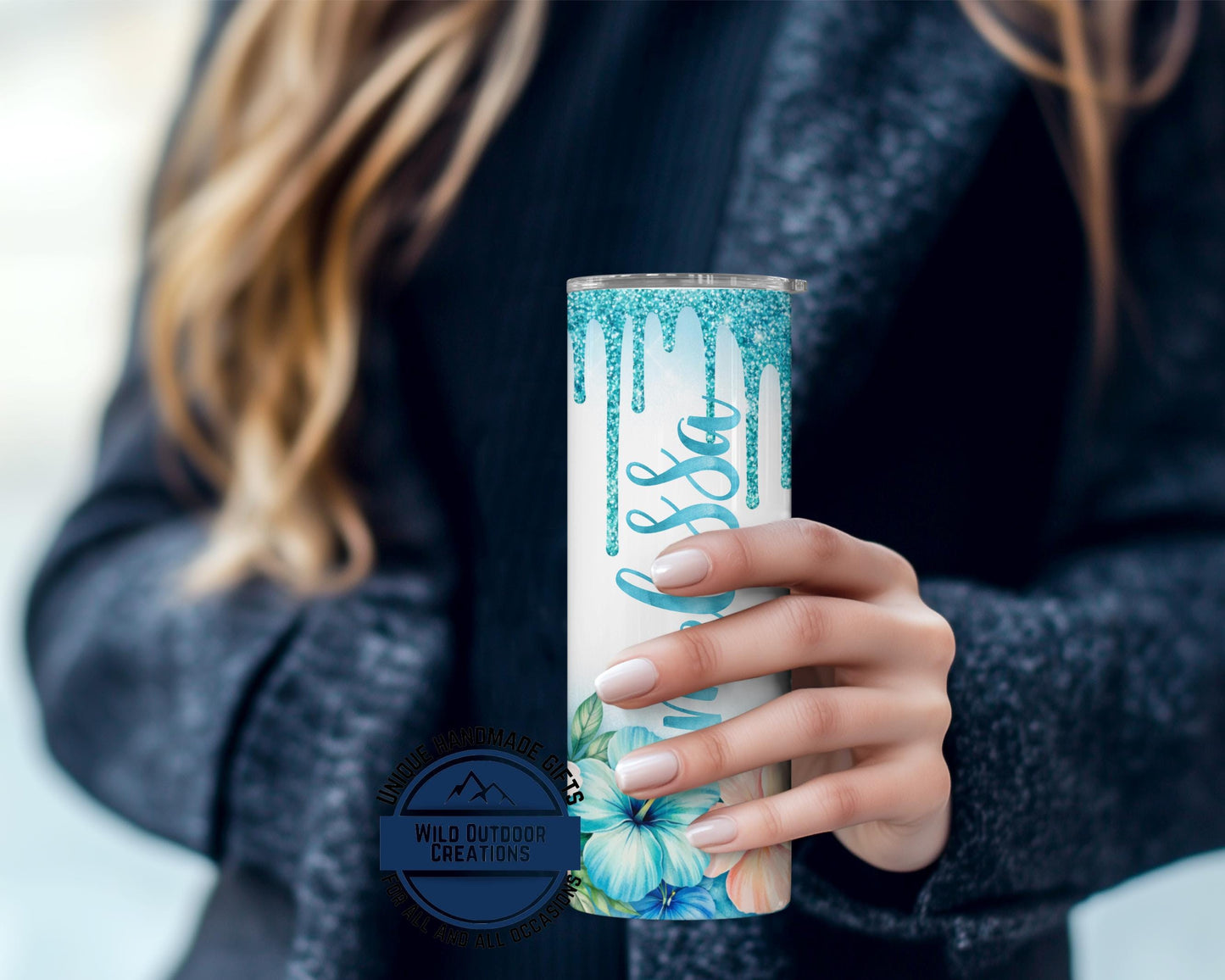 Personalized Tropical Tumbler - Double Wall Tumbler With Floral Beach Design & Glow Green - additional product photo 13