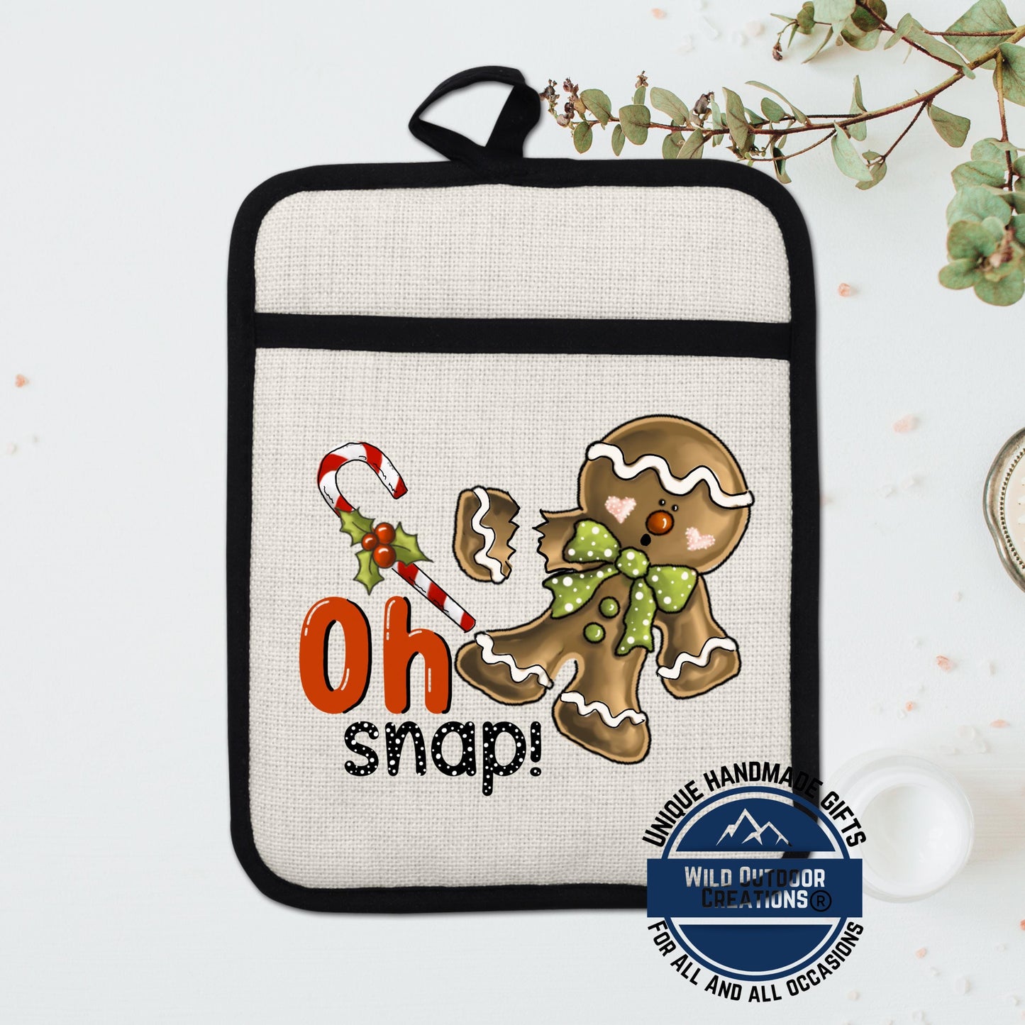 Gingerbread Pot Holder Linen Hot Pad Oh Snap Funny Christmas Kitchen Gift Decor