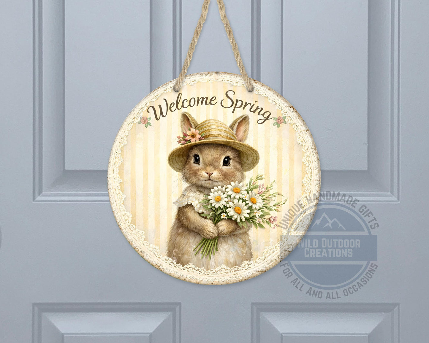 Spring Bunny Door Hanger – Floral Rabbit Wreath with Daisy Bouquet Sign - additional product photo 10