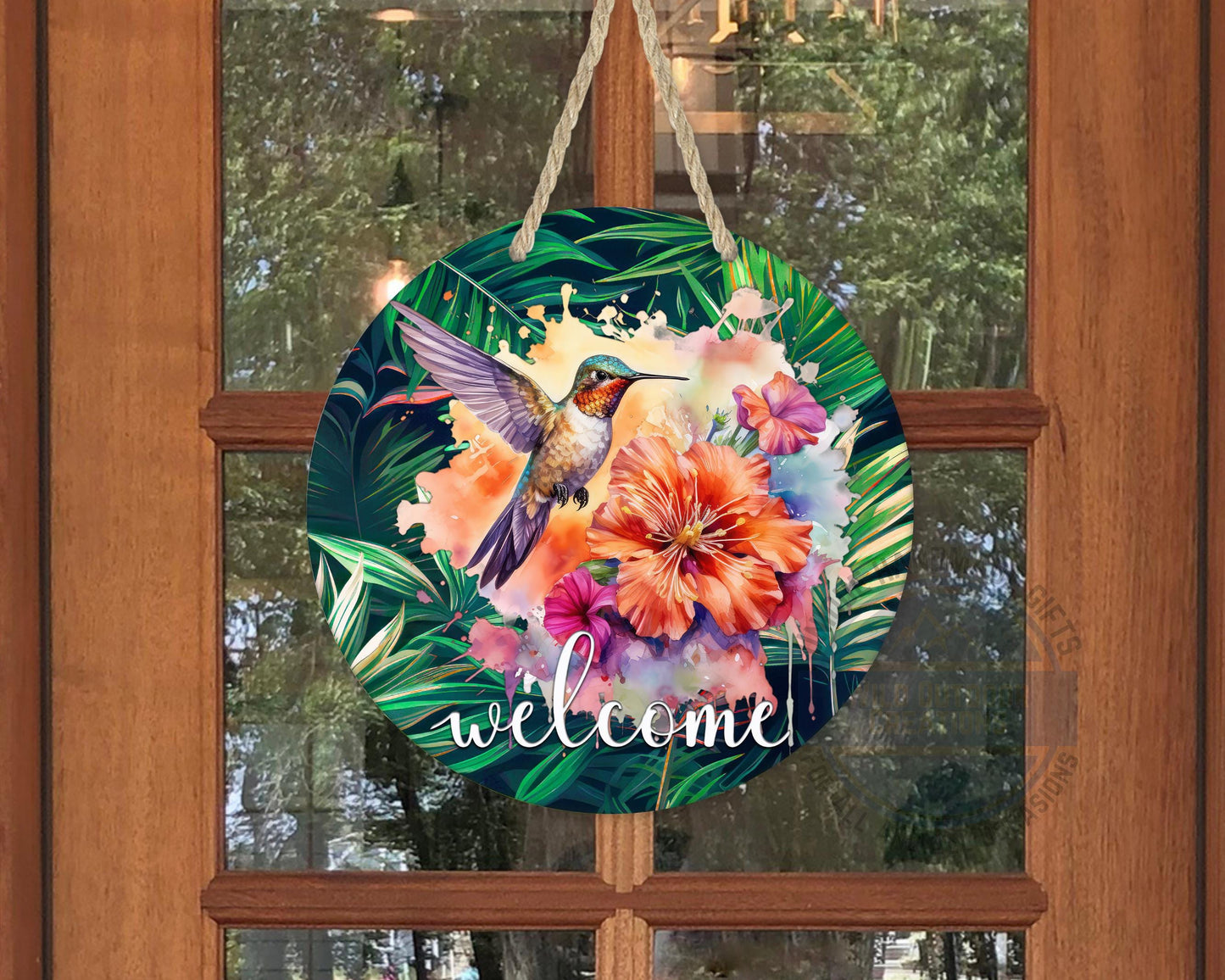 Tropical Hummingbird Door Hanger - Colorful Floral Welcome Sign with Fade Resistant Print - displayed on front door