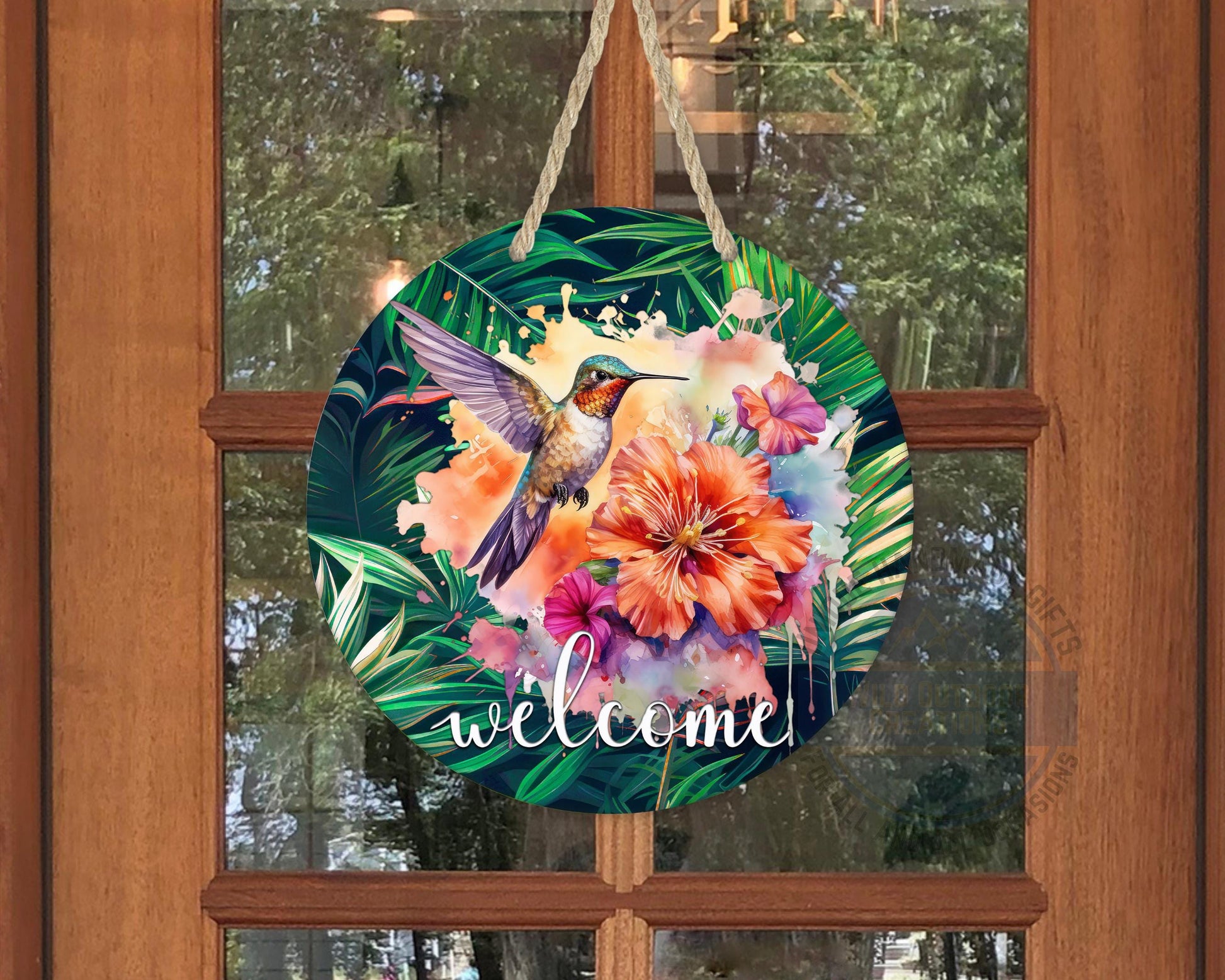 Tropical Hummingbird Door Hanger - Colorful Floral Welcome Sign with Fade Resistant Print - displayed on front door